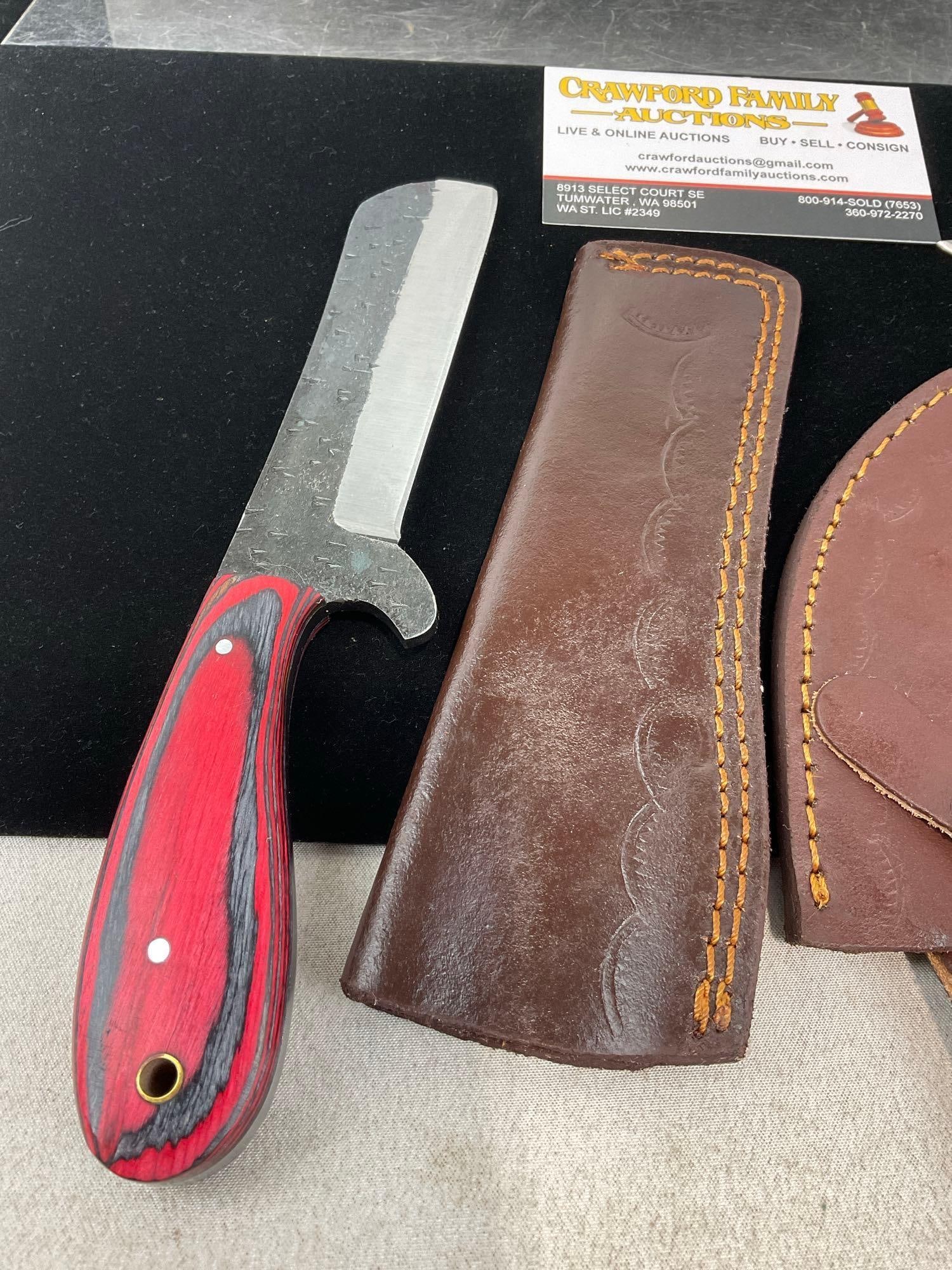 Pair of Knives, Mini Chopper & Karambit Style, w/Resin & Tinted Wood Handles, Leather Sheaths - 3