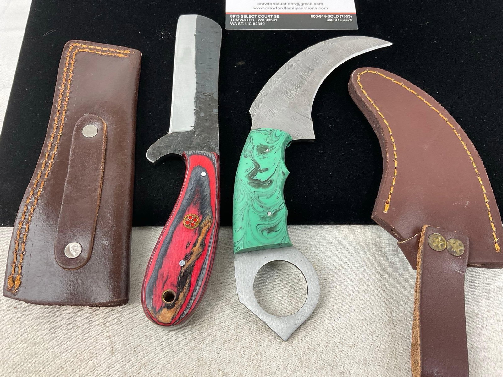 Pair of Knives, Mini Chopper & Karambit Style, w/Resin & Tinted Wood Handles, Leather Sheaths - 4