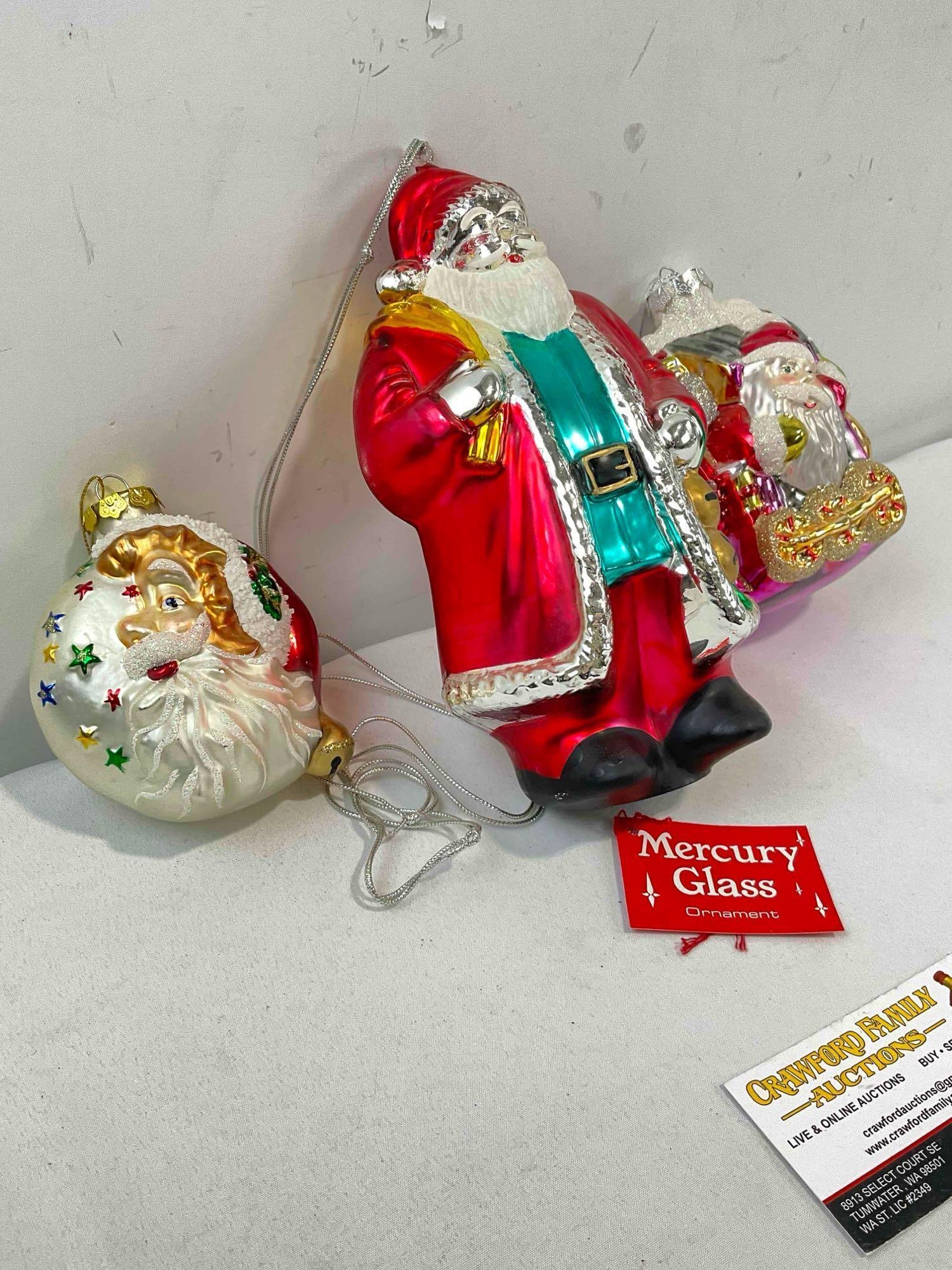 3 pcs Vintage Glass Christmas Tree Ornament Collection, incl. Dept. 56 Mercury Glass Santa. - 3