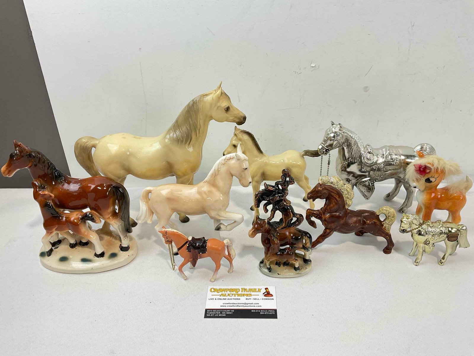 11 pcs Vintage Horse Figurines, incl. Ceramic, Metal & Resin. Fair Condition. See pics.: 11 pcs Vintage Horse Figurines, incl. Ceramic, Metal & Resin. Fair Condition. Pieces have minor wear indicative of age and use, otherwise looks to be in fair condition. Fits in a box measuring 12"
