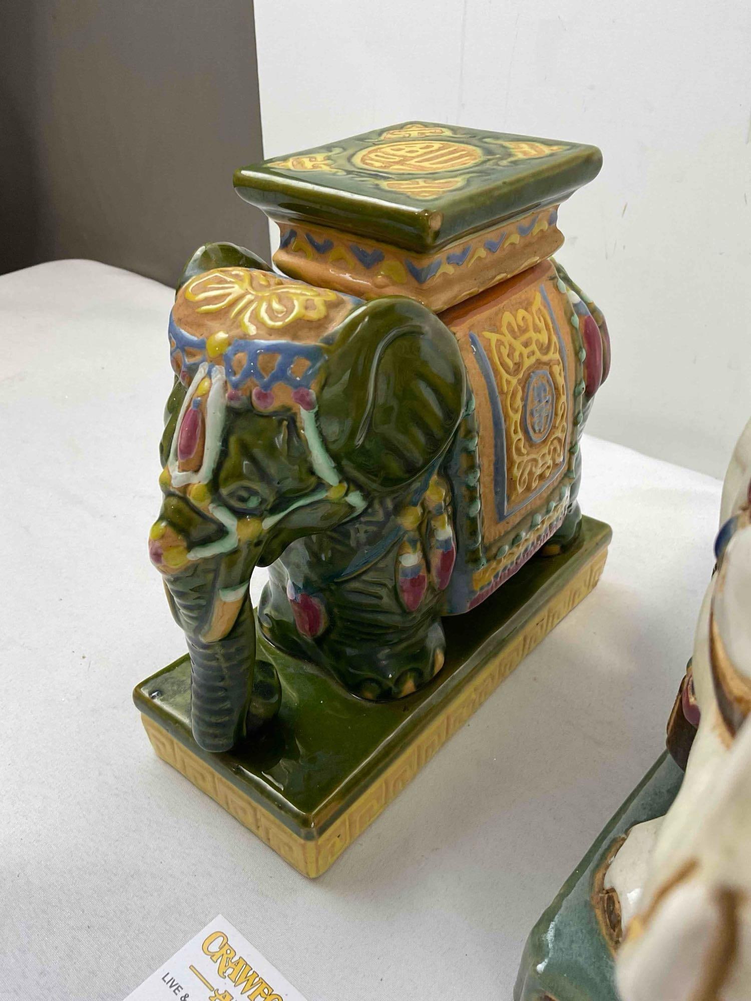 2 pcs Vintage Green & White Glazed Ceramic Elephant Planter Stands. Good Condition. See pics. - 3