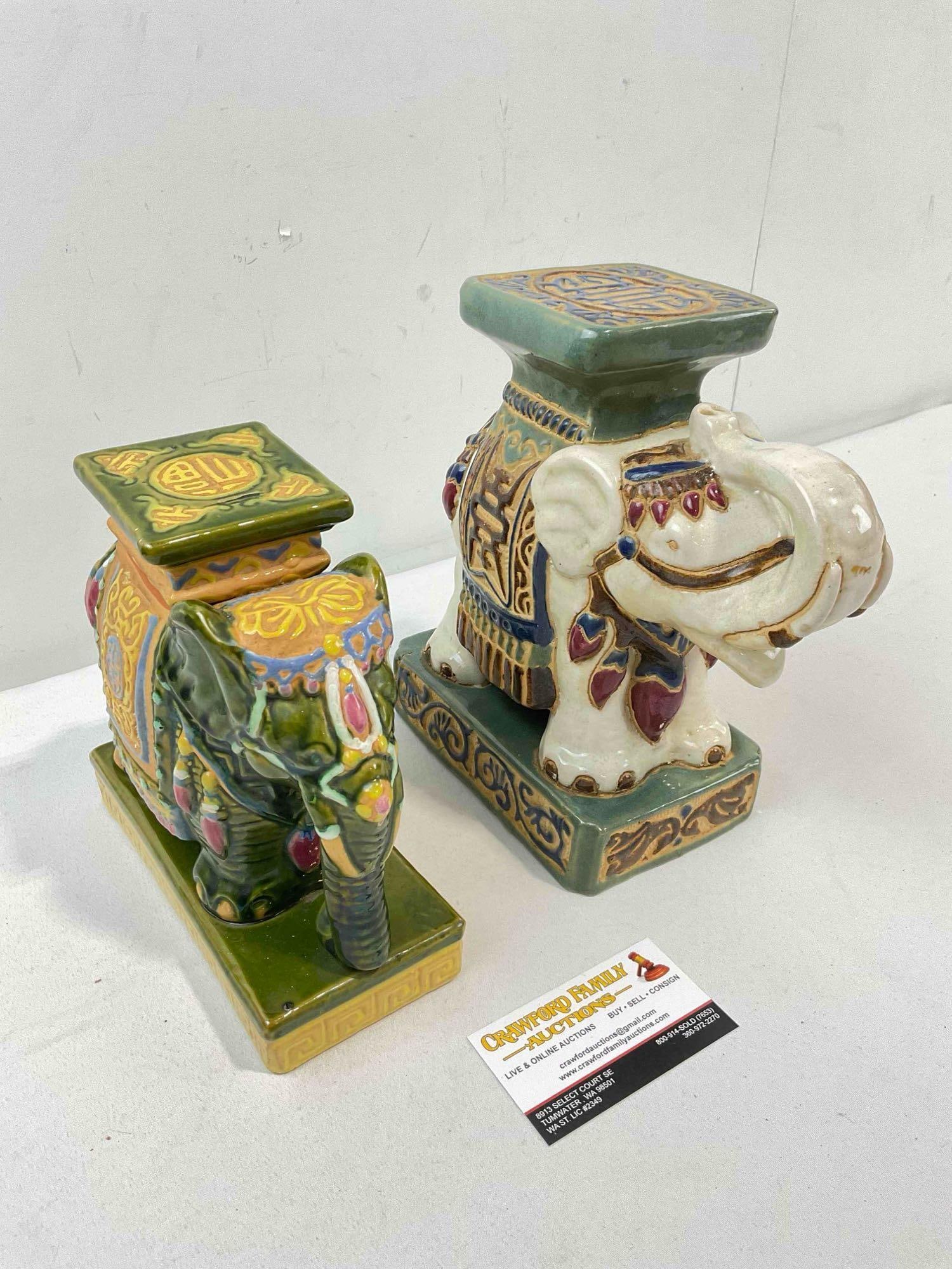2 pcs Vintage Green & White Glazed Ceramic Elephant Planter Stands. Good Condition. See pics. - 4