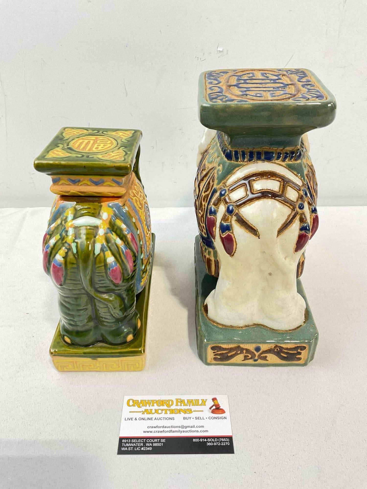 2 pcs Vintage Green & White Glazed Ceramic Elephant Planter Stands. Good Condition. See pics. - 5