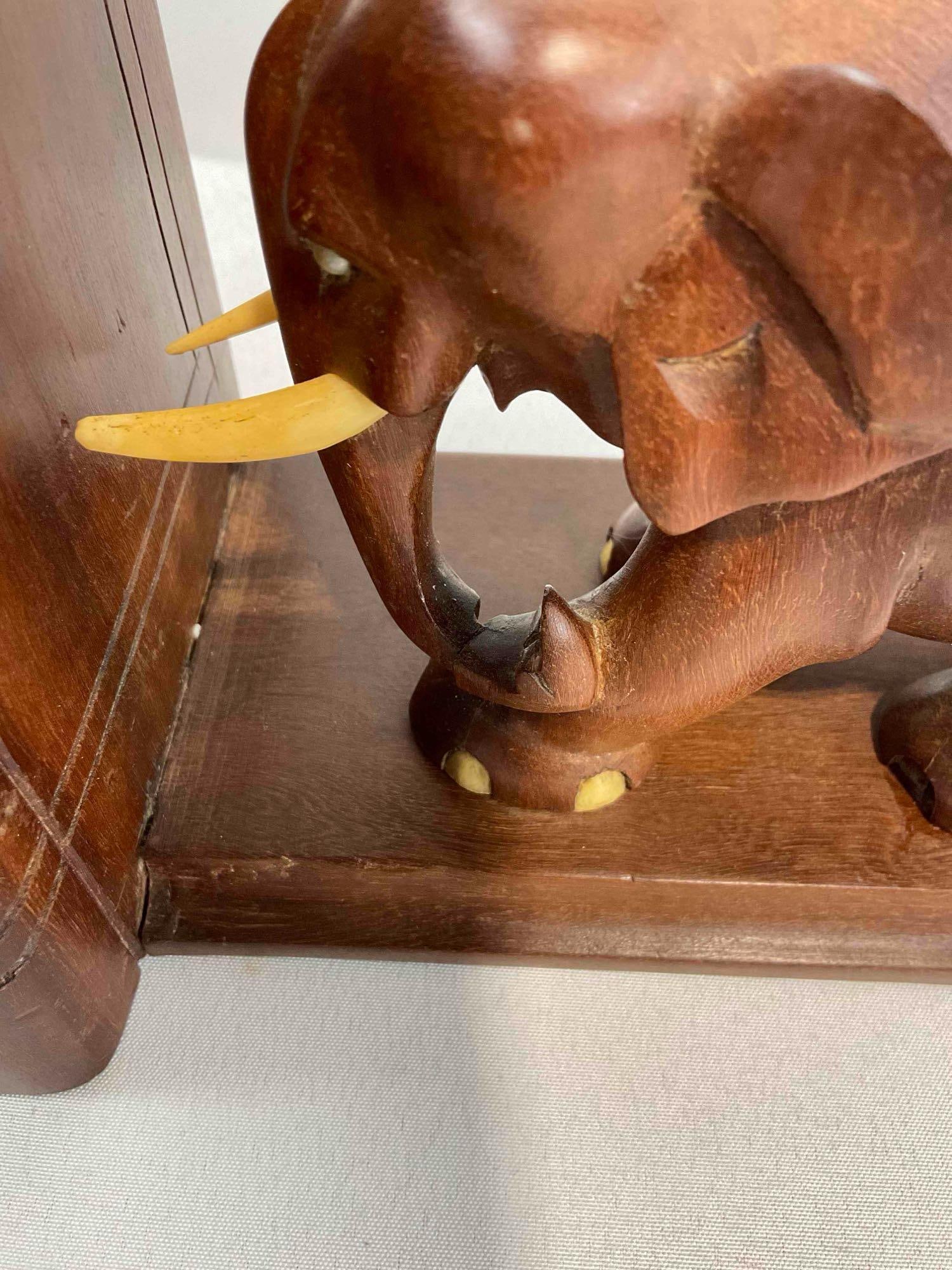 Vintage Charming Carved Mahogany? Wooden Elephant Bookends. Fair Condition. See pics. - 7