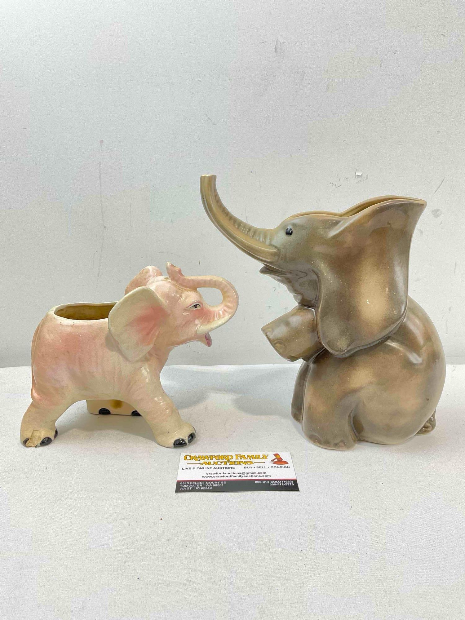 2 pcs Vintage Ceramic Elephant Figural Planters, Pink & Gray Glazed. Fair Condition. See pics. (1 of 6)
