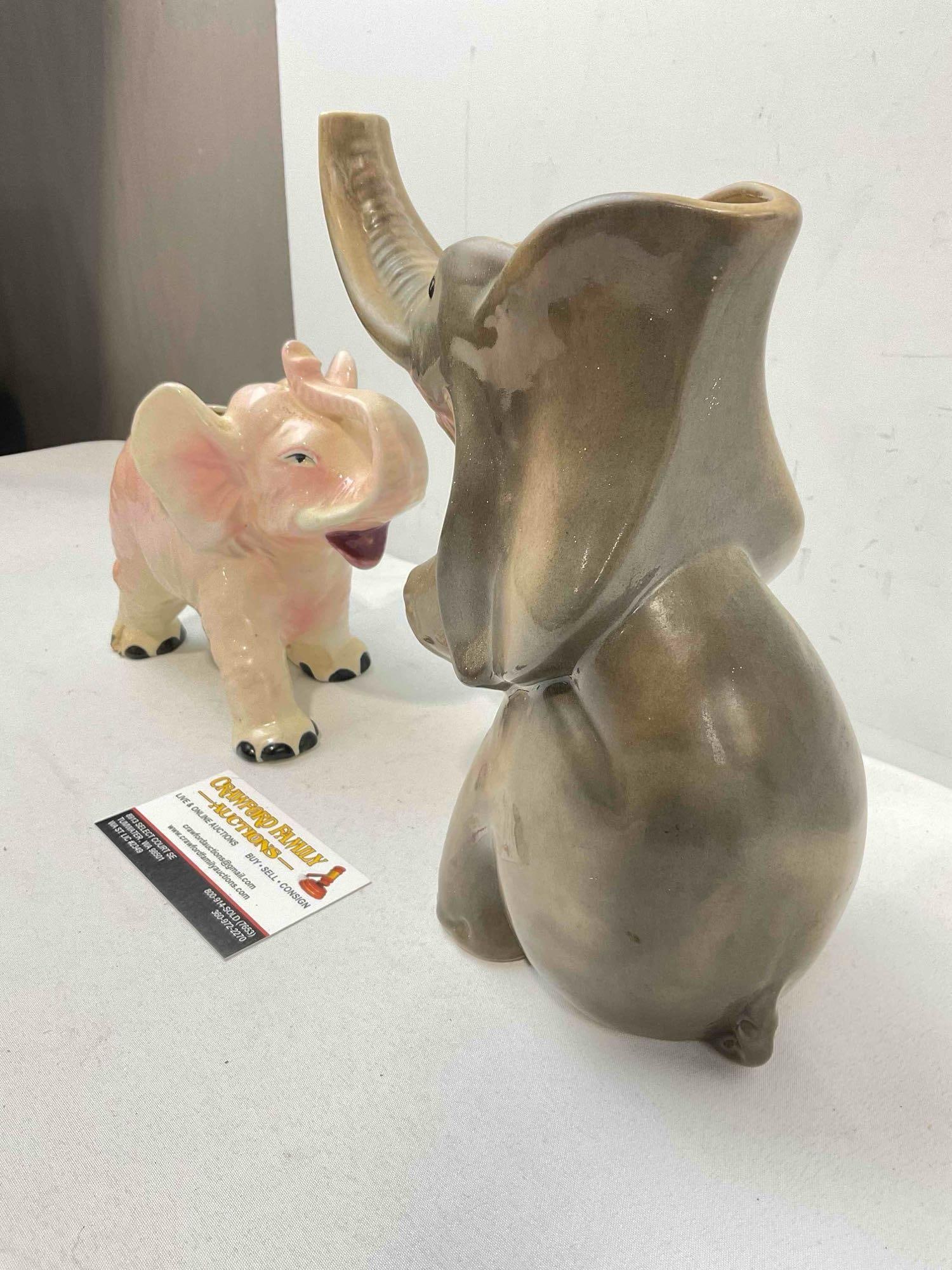 2 pcs Vintage Ceramic Elephant Figural Planters, Pink & Gray Glazed. Fair Condition. See pics. - 2