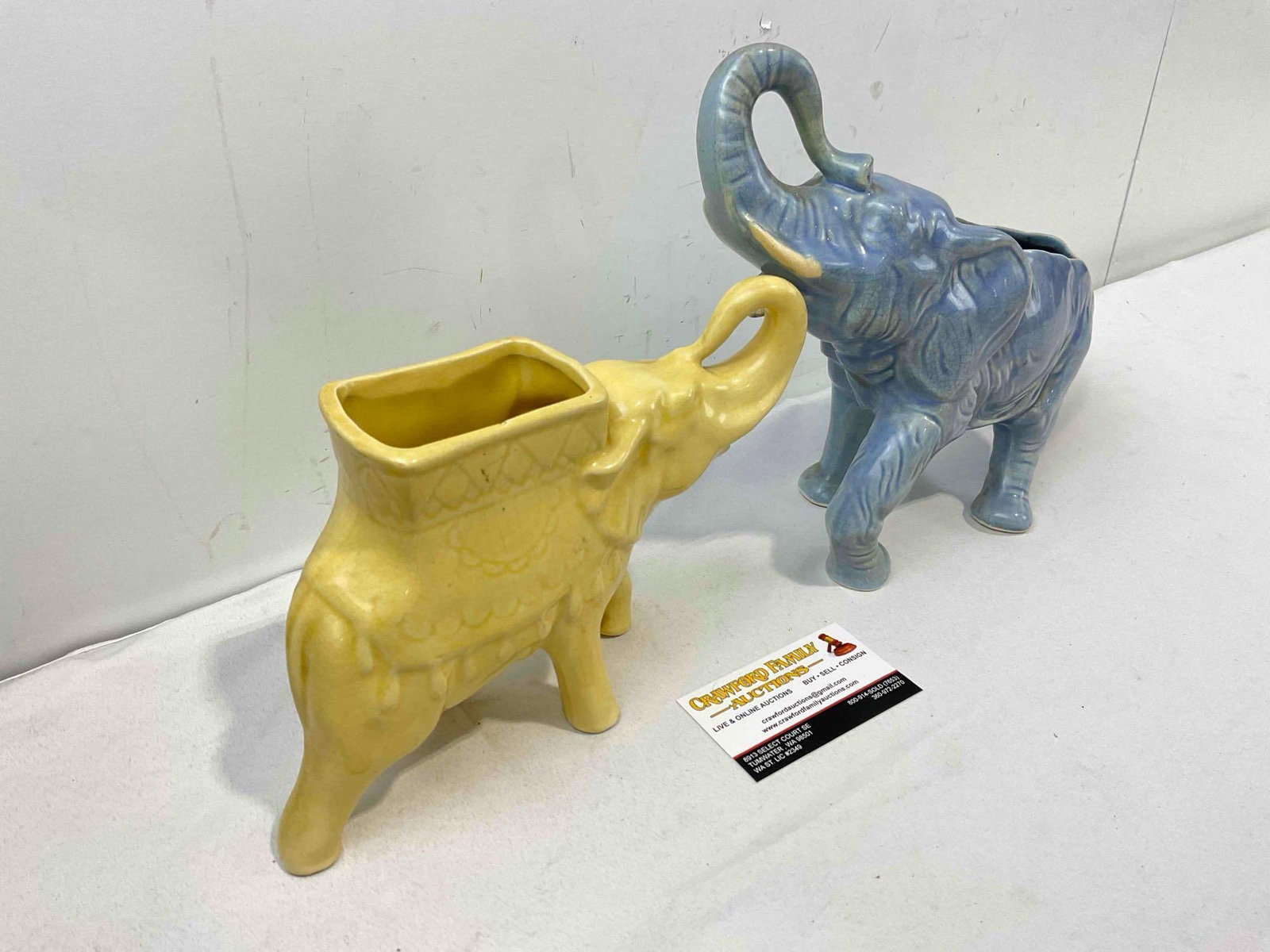 2 pcs Vintage Ceramic Elephant Figural Planters, Yellow & Blue Glazed. Good Condition. See pics.