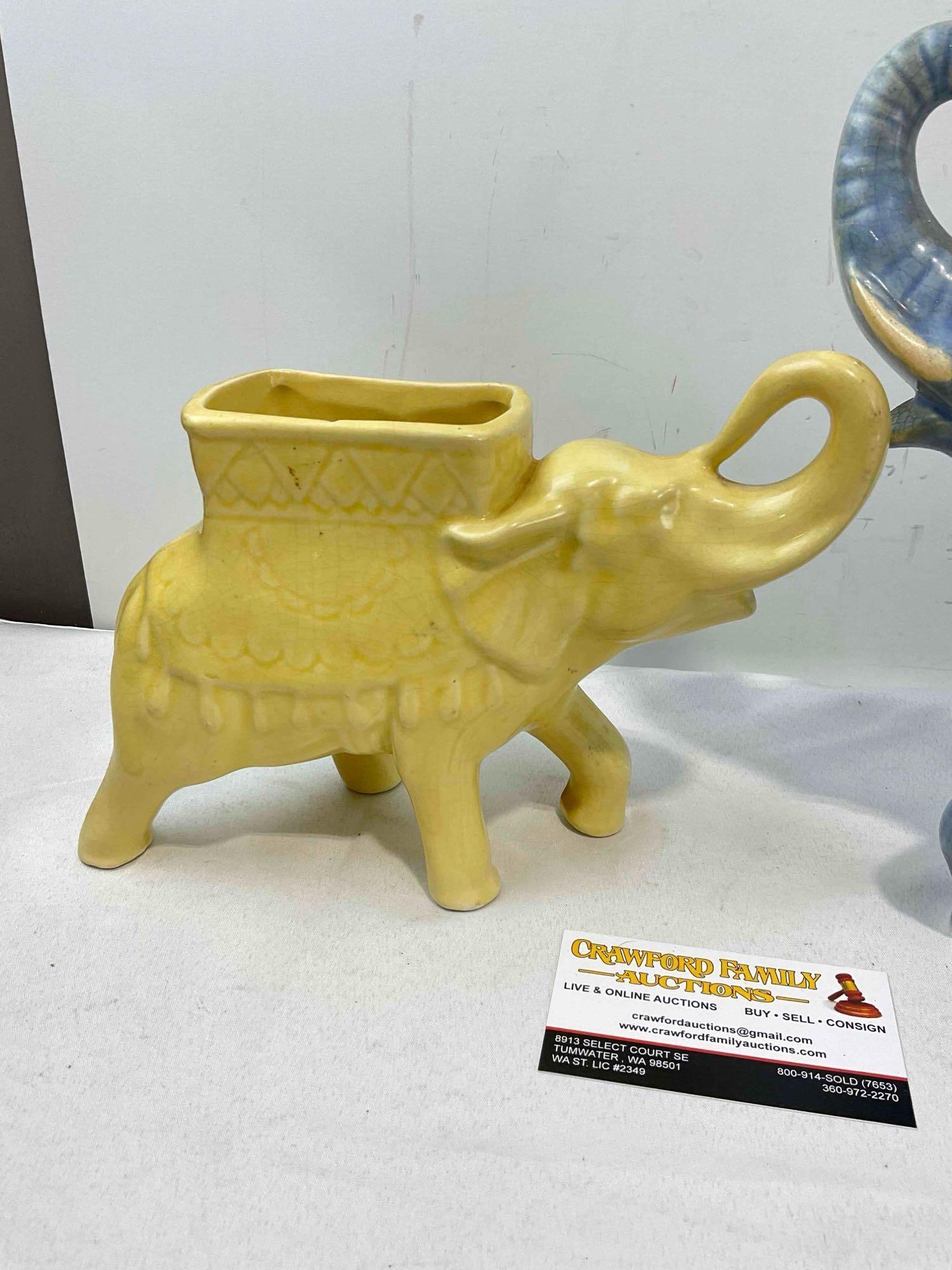 2 pcs Vintage Ceramic Elephant Figural Planters, Yellow & Blue Glazed. Good Condition. See pics. - 4