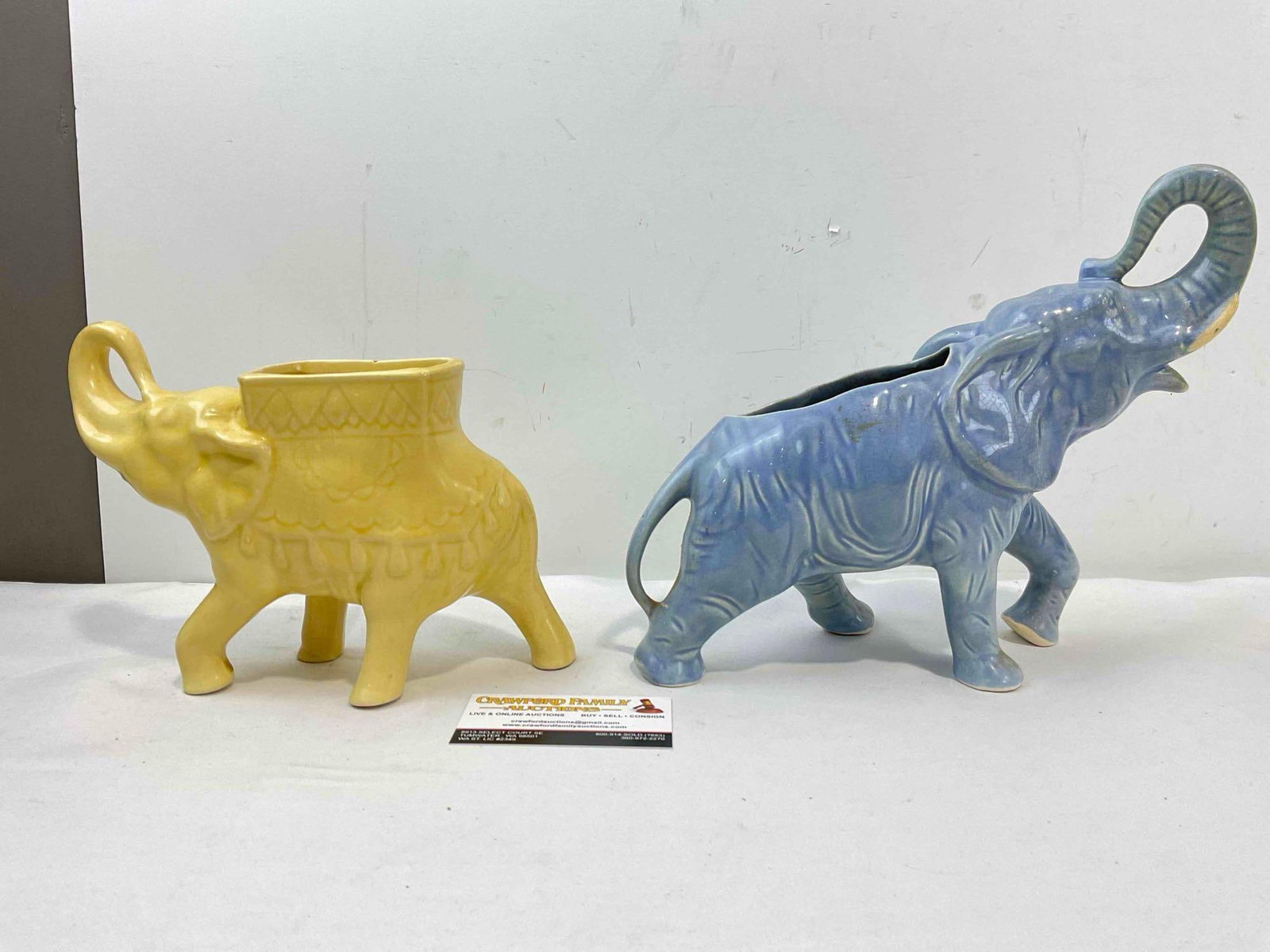 2 pcs Vintage Ceramic Elephant Figural Planters, Yellow & Blue Glazed. Good Condition. See pics. - 6