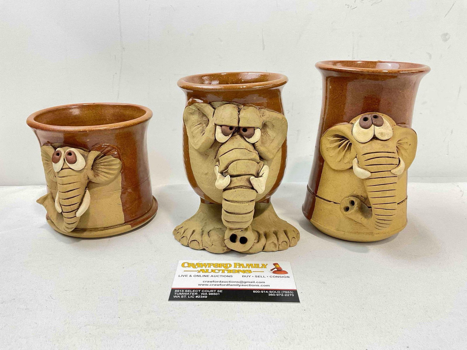 3 pcs Vintage Handmade Earthenware Mugs w/ Humorous Elephant Design. Good Condition.