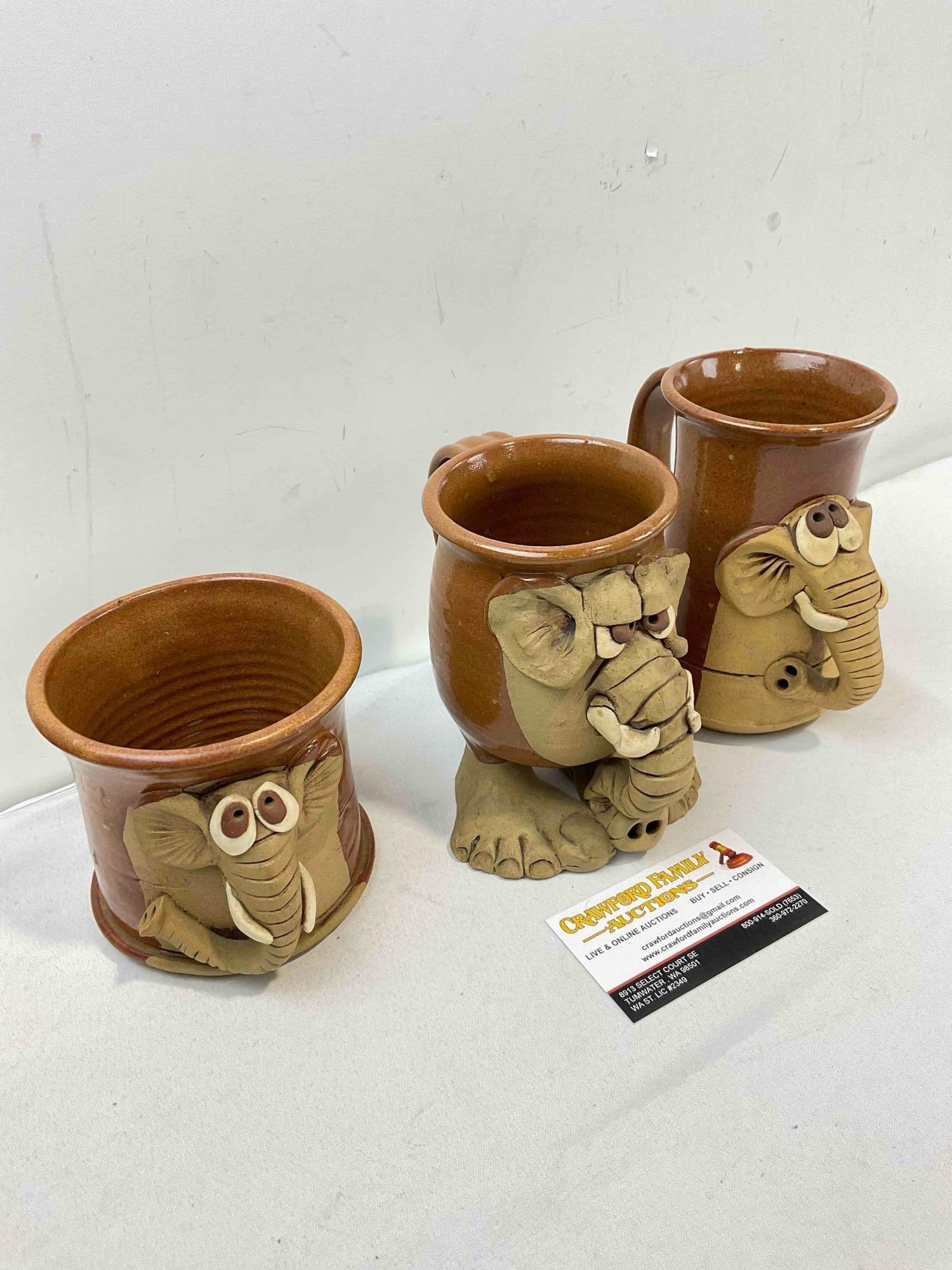 3 pcs Vintage Handmade Earthenware Mugs w/ Humorous Elephant Design. Good Condition. - 2