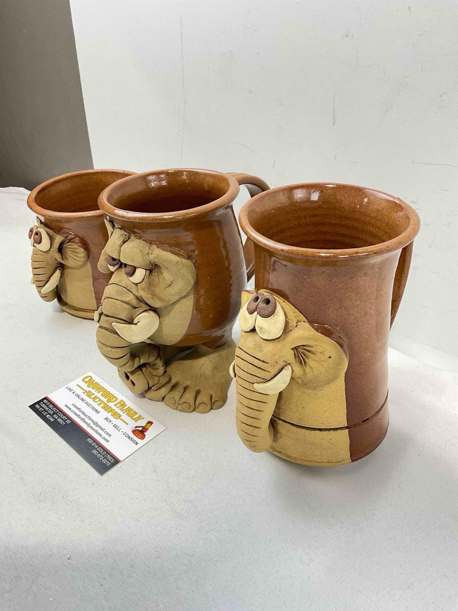 3 pcs Vintage Handmade Earthenware Mugs w/ Humorous Elephant Design. Good Condition. - 3