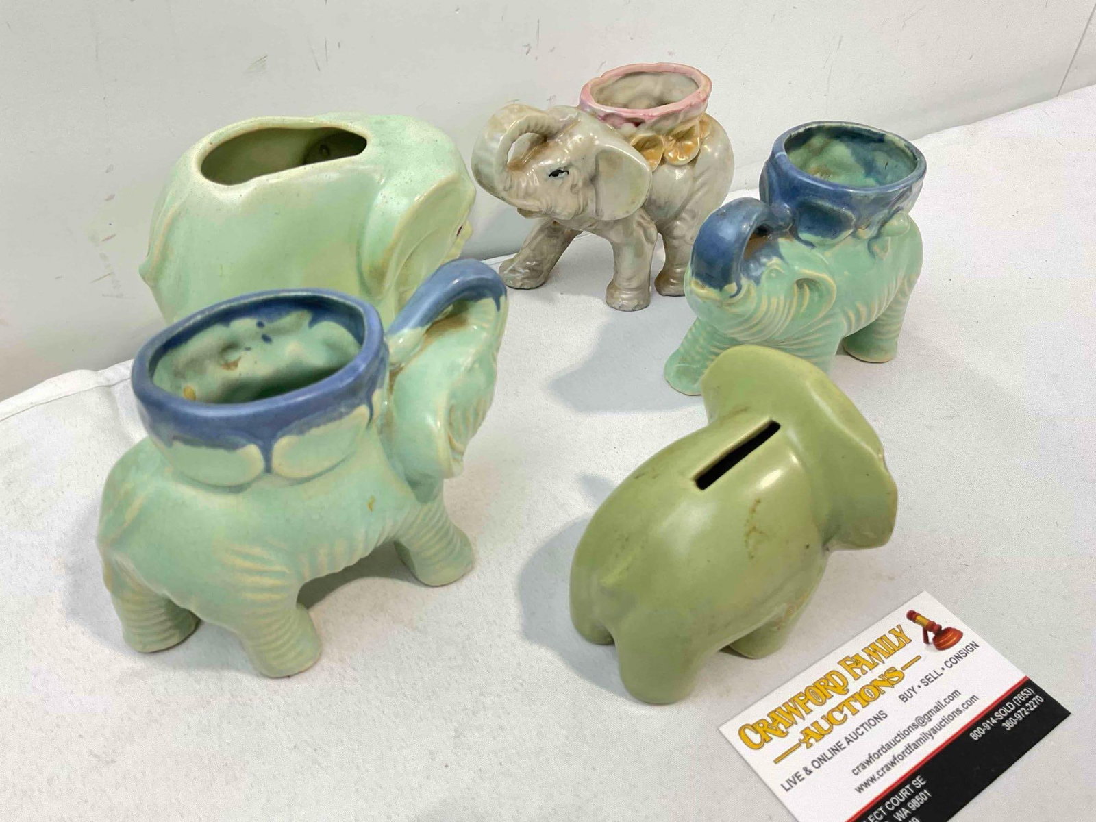 5 pcs Vintage Ceramic Elephant Figurines, incl. 4x Planters & 1x Coin Bank. Good Condition. - 2