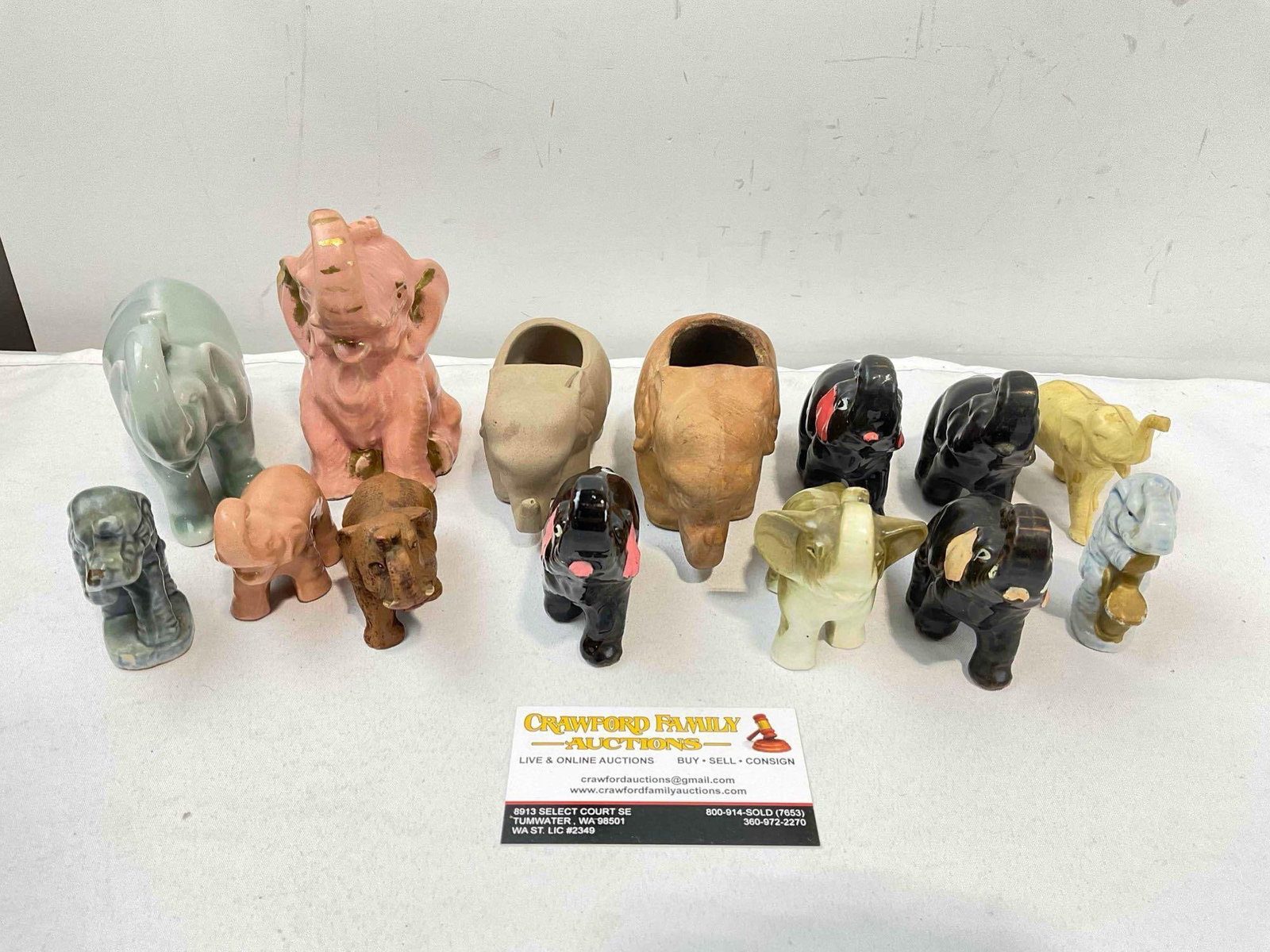 14 pcs Vintage Elephant Figurine Collection, incl. Ceramic Planters & Coin Bank. Fair Condition.