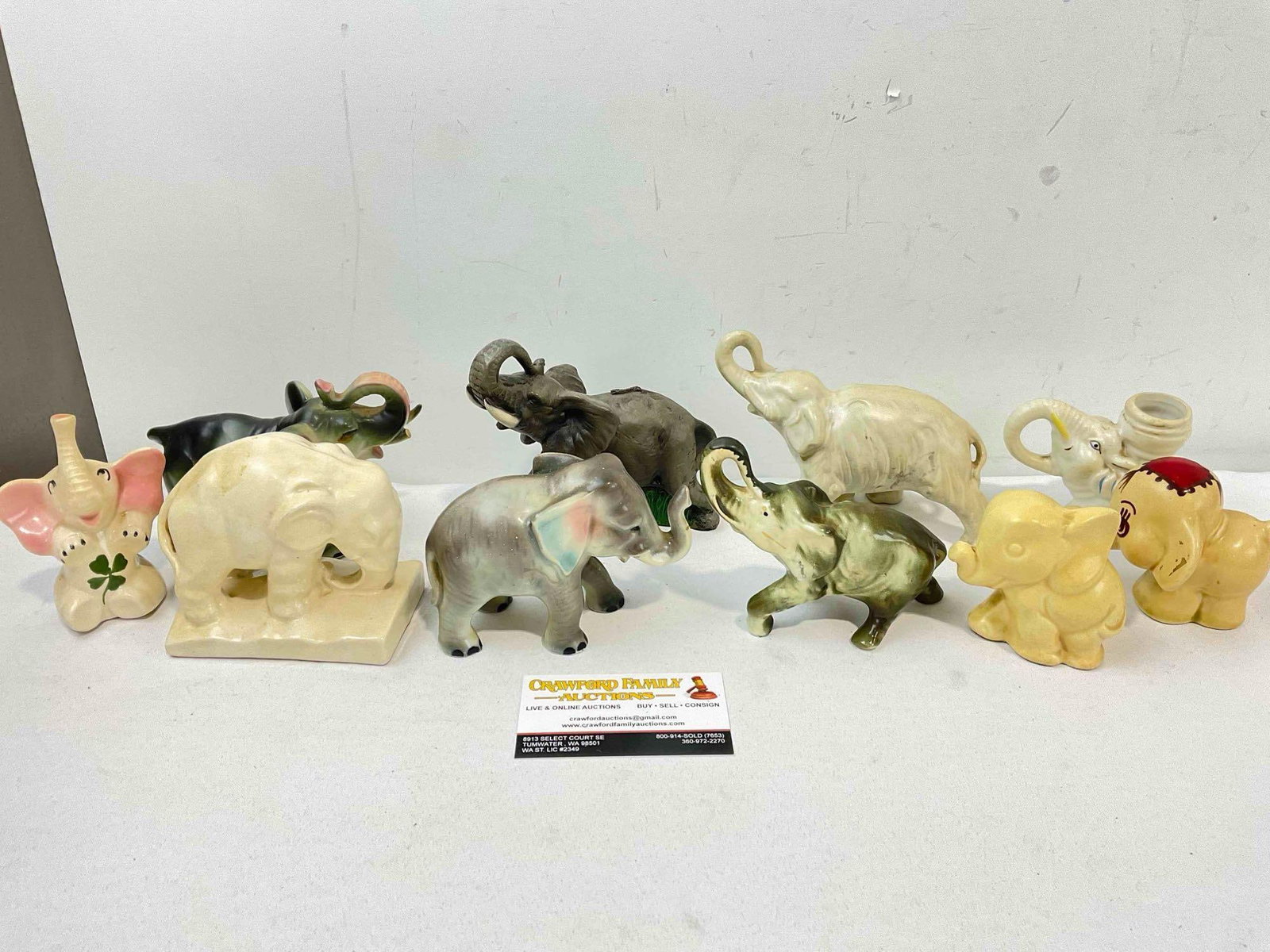 10 pcs Vintage Elephant Figurine Collection, incl. 9x Ceramic & 1x Composite. Fair Condition.