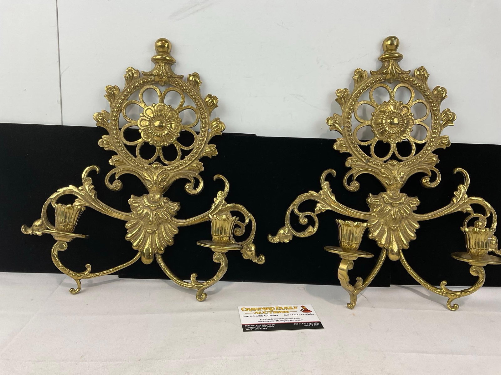 Pair of Cast Brass Wall Sconces, Two Arms, Repousse style