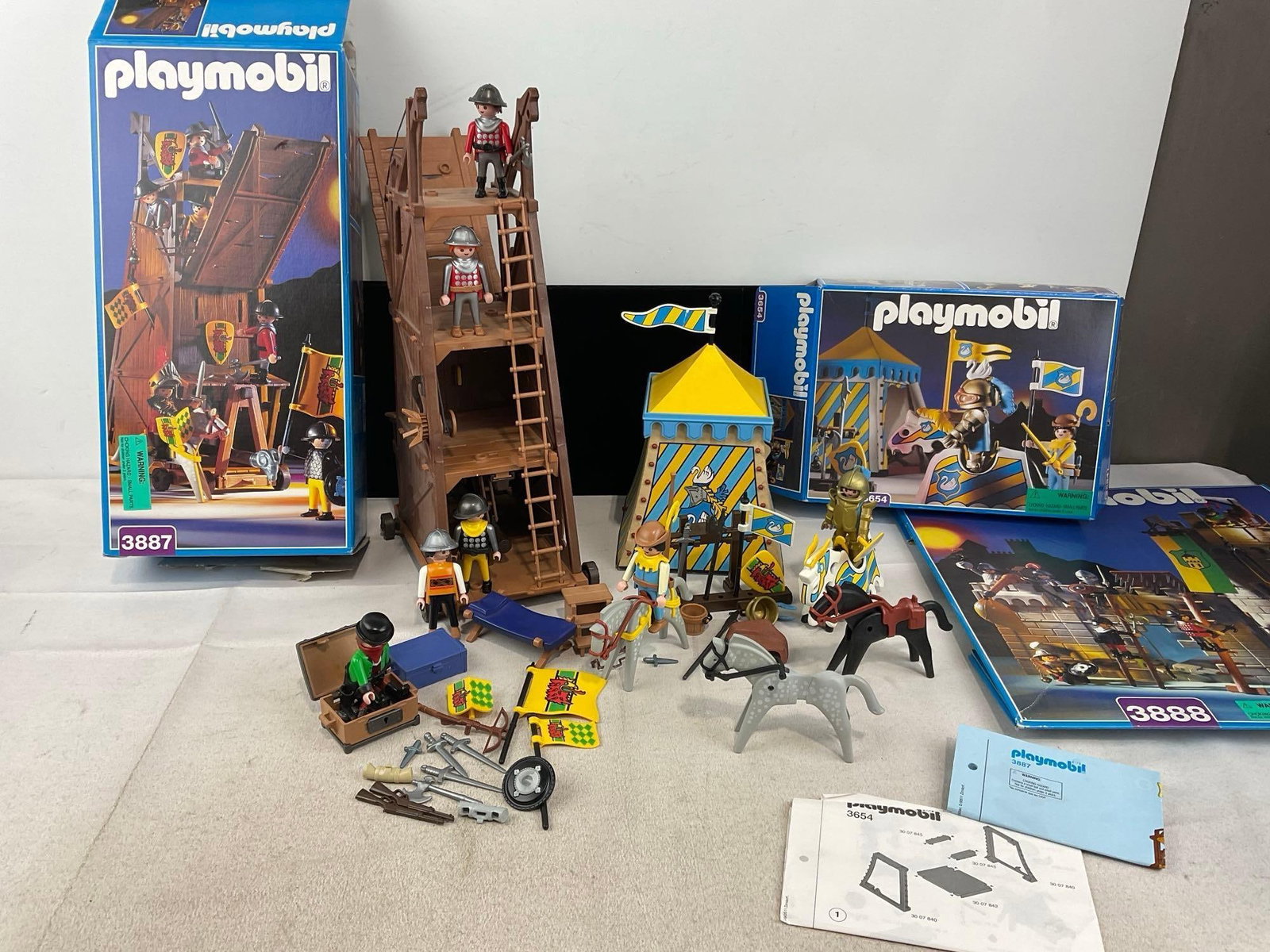 Playmobil 3654, 3887, 3888 Pieces w/Boxes, Siege Tower, Tent, Soldiers, Horse Training, & more