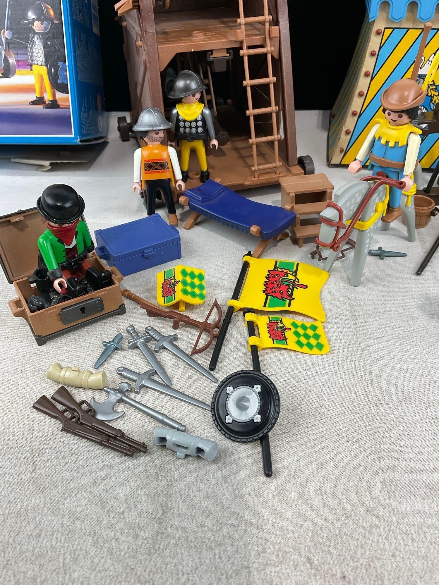 Playmobil 3654, 3887, 3888 Pieces w/Boxes, Siege Tower, Tent, Soldiers, Horse Training, & more - 3
