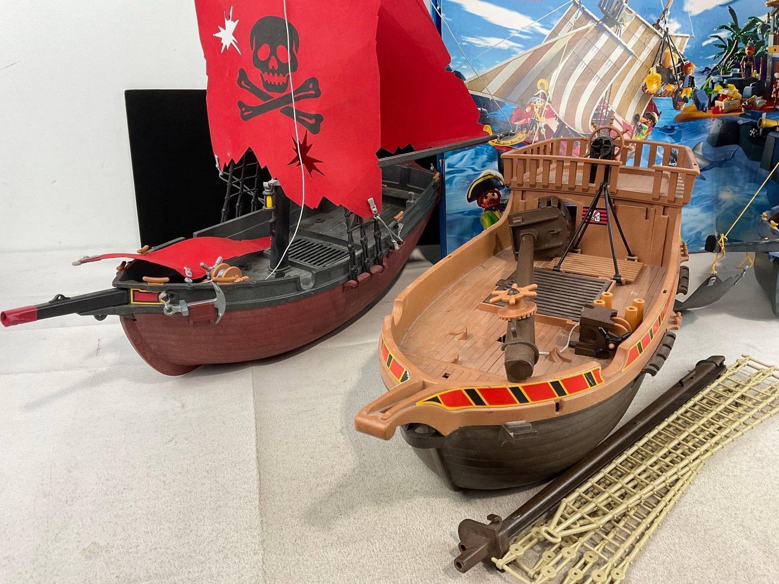 Three Playmobil Ships, w/1 box, Pirate Red & Blue pieces, & Brown w/broken mast - 2