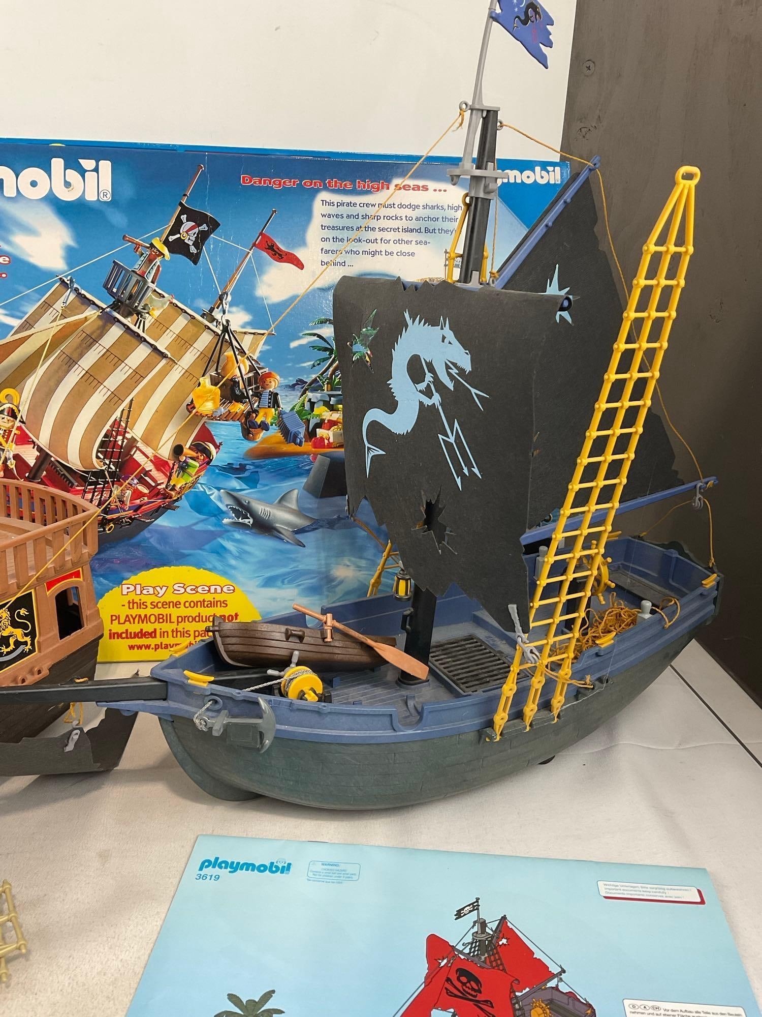Three Playmobil Ships, w/1 box, Pirate Red & Blue pieces, & Brown w/broken mast - 3
