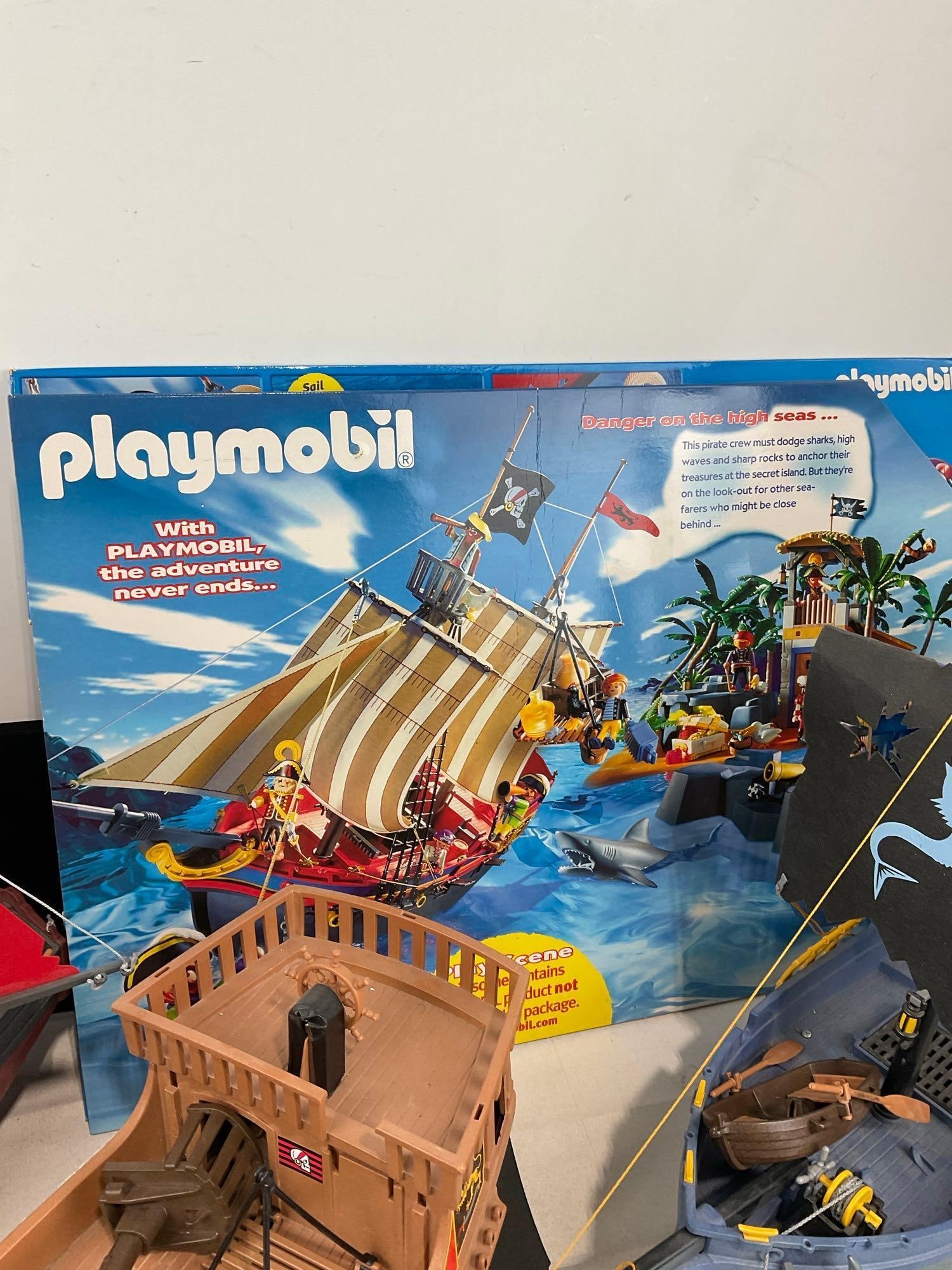 Three Playmobil Ships, w/1 box, Pirate Red & Blue pieces, & Brown w/broken mast - 4