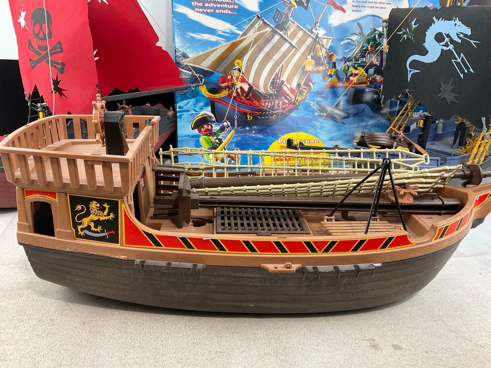 Three Playmobil Ships, w/1 box, Pirate Red & Blue pieces, & Brown w/broken mast - 5