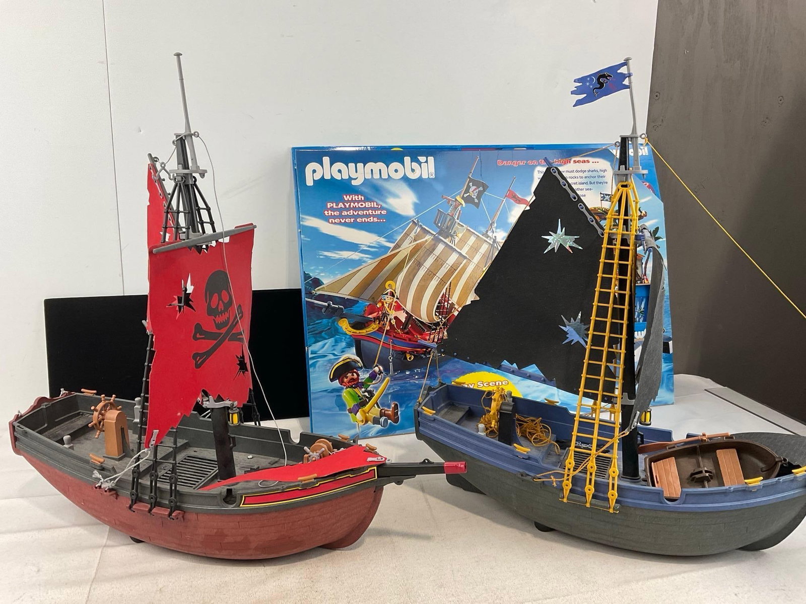 Three Playmobil Ships, w/1 box, Pirate Red & Blue pieces, & Brown w/broken mast - 6