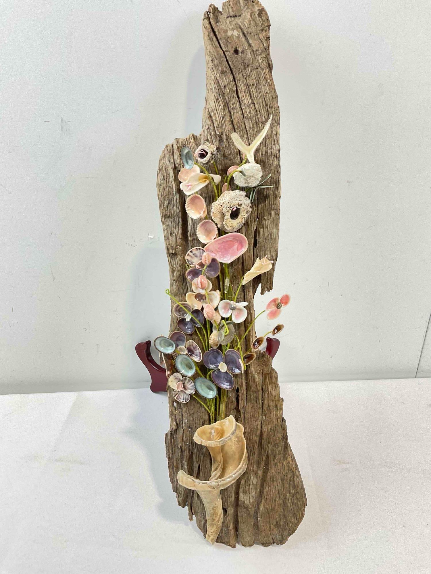 Vintage Driftwood & Seashell Decorative Wall Art w/ Floral Design. Fair Condition. See pics. (1 of 5)