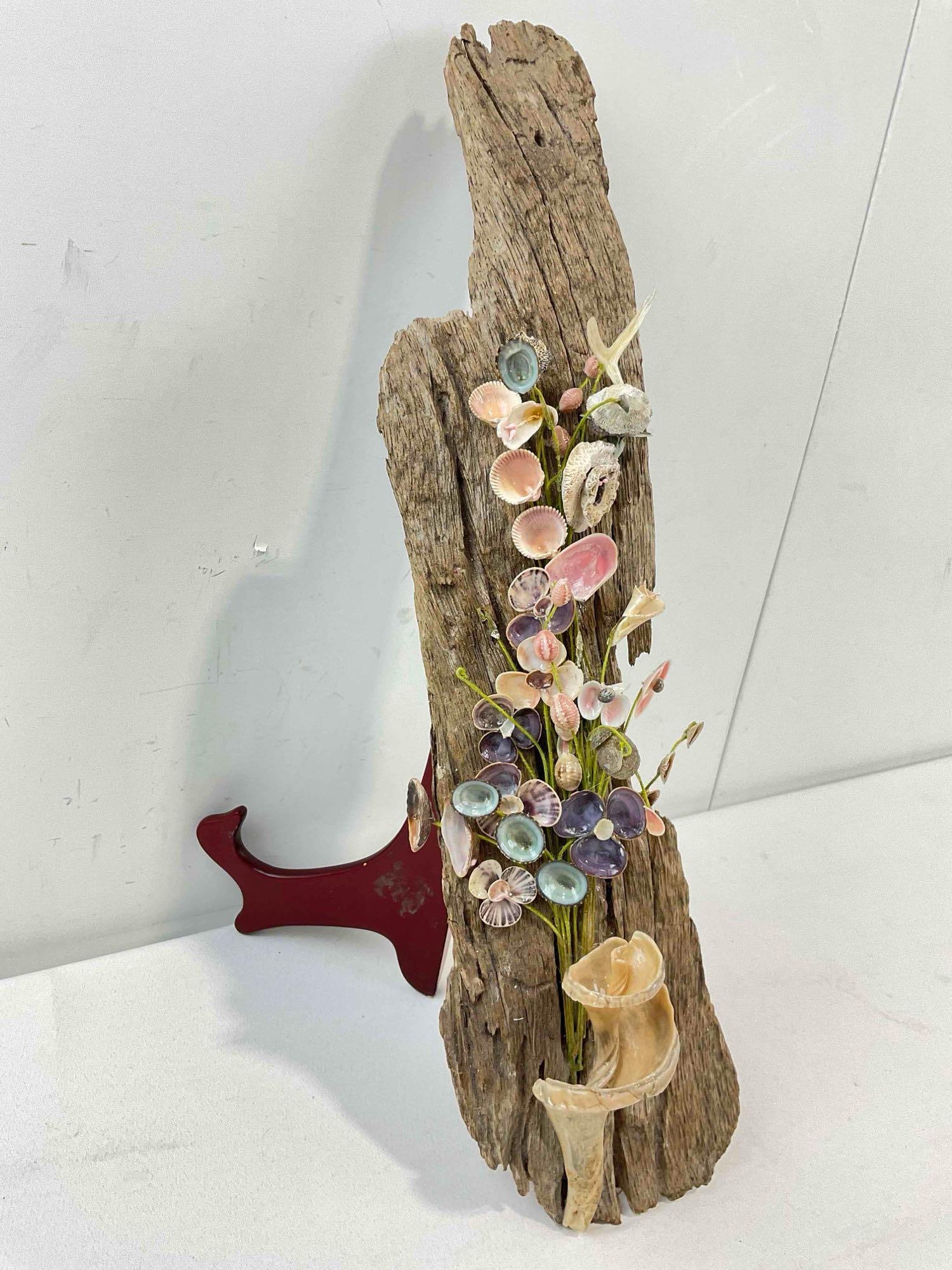 Vintage Driftwood & Seashell Decorative Wall Art w/ Floral Design. Fair Condition. See pics. - 3