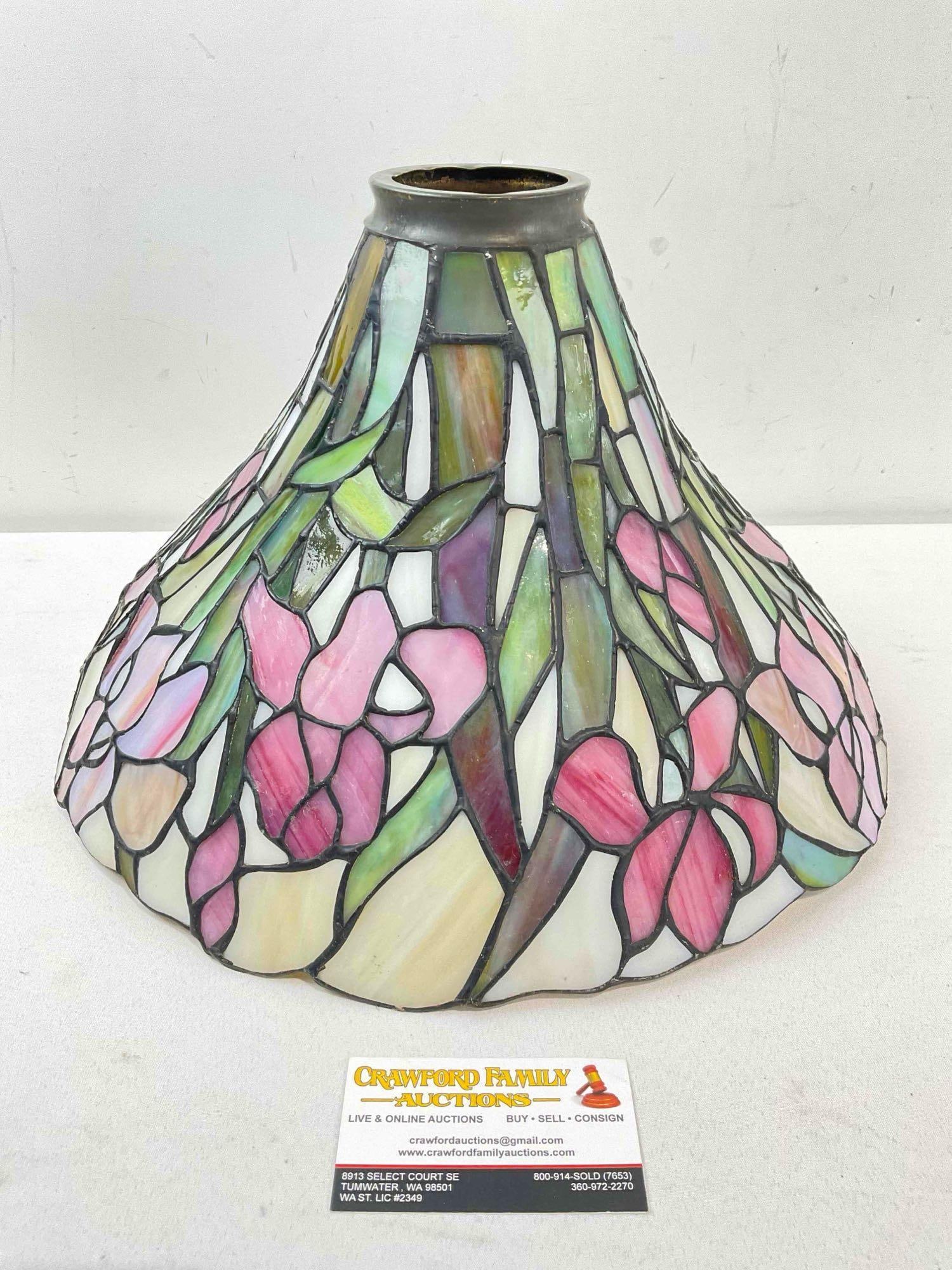Vintage Tiffany Style Leaded Glass Lamp Shade w/ Purple Iris Design. Good Condition. See pics.
