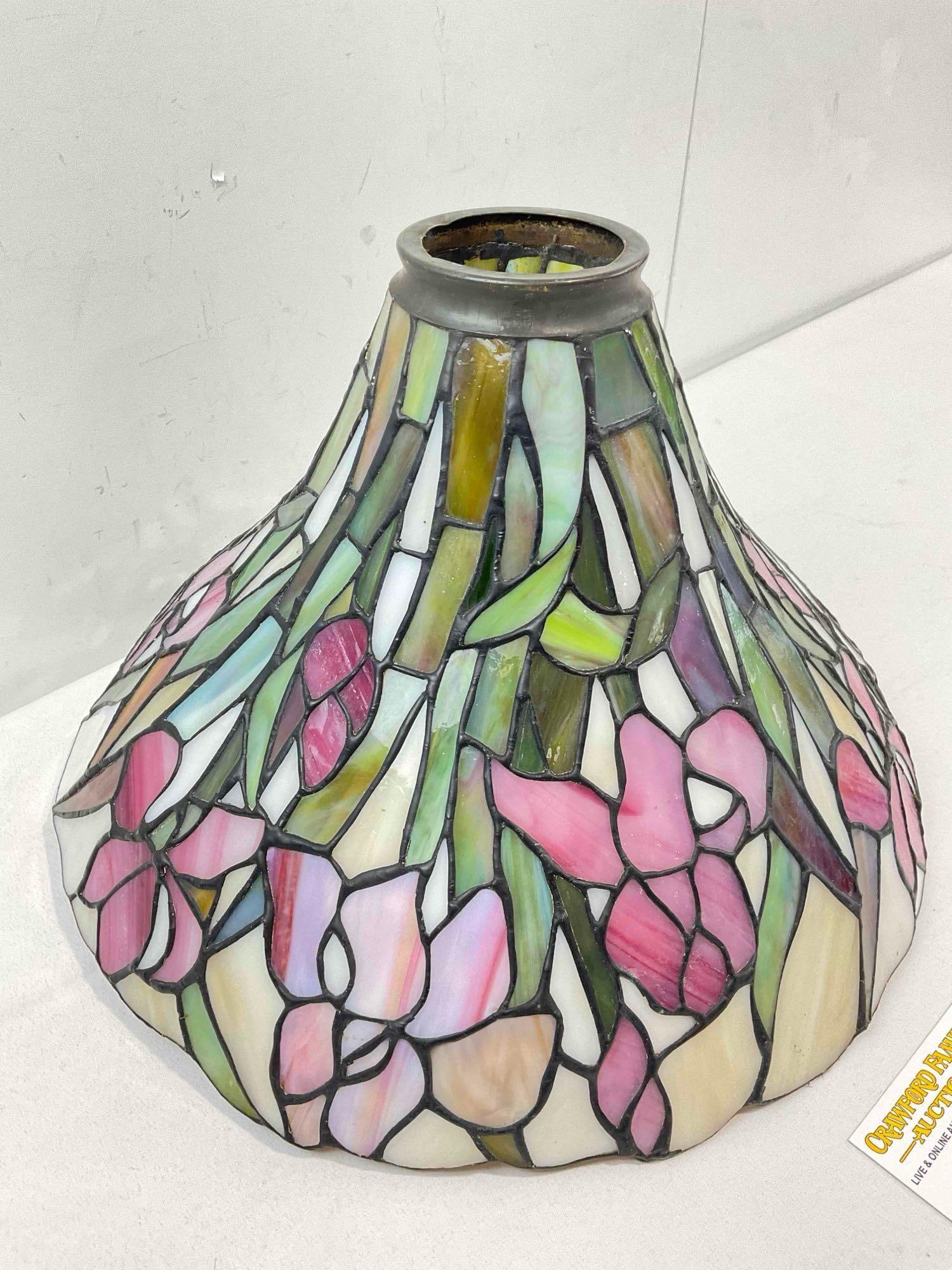 Vintage Tiffany Style Leaded Glass Lamp Shade w/ Purple Iris Design. Good Condition. See pics. - 3