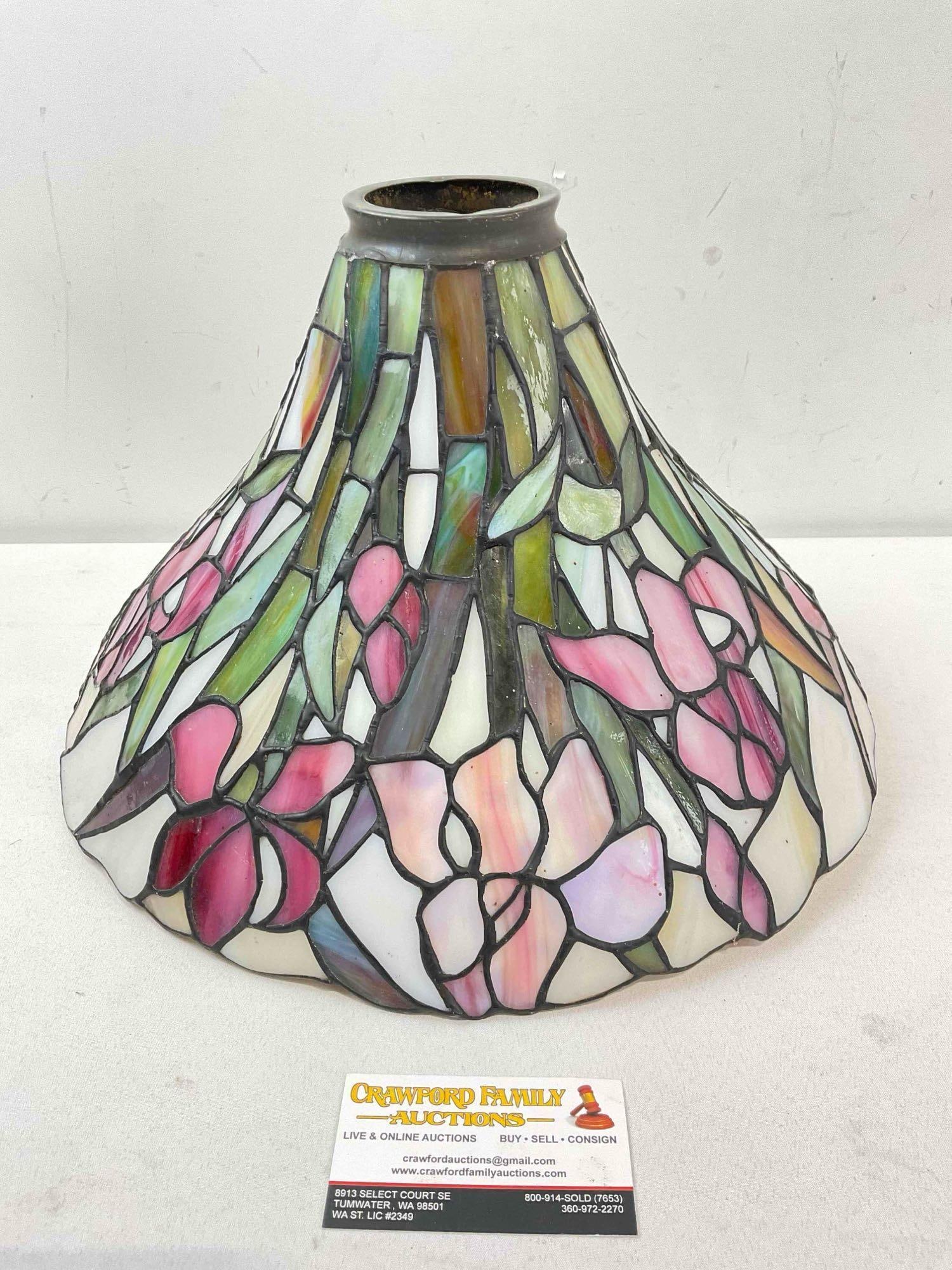 Vintage Tiffany Style Leaded Glass Lamp Shade w/ Purple Iris Design. Good Condition. See pics. - 4