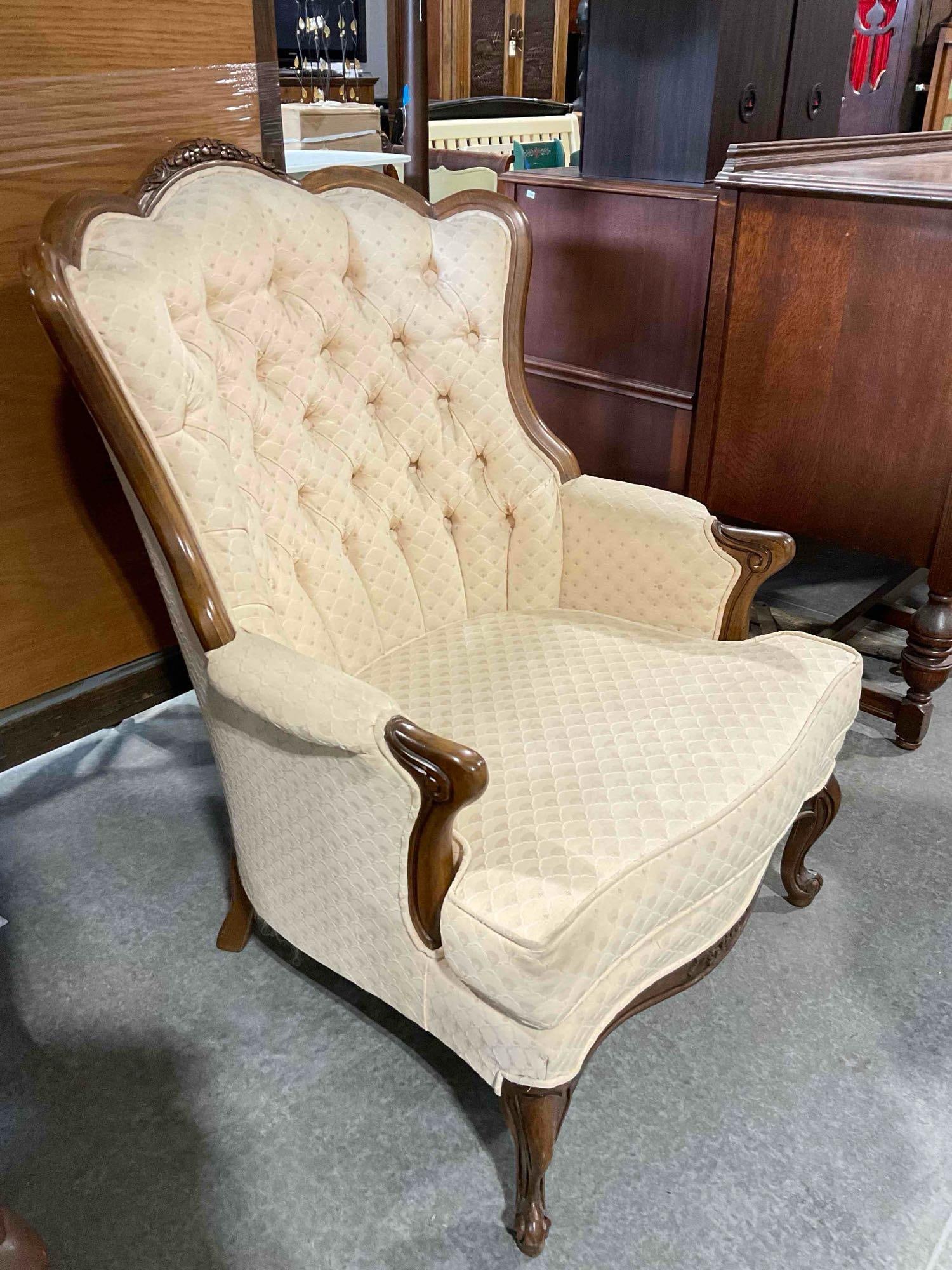 Vintage French Provincial Style Tufted Wingback Armchair w/ Pale Peach Scalloped Upholstery. - 3