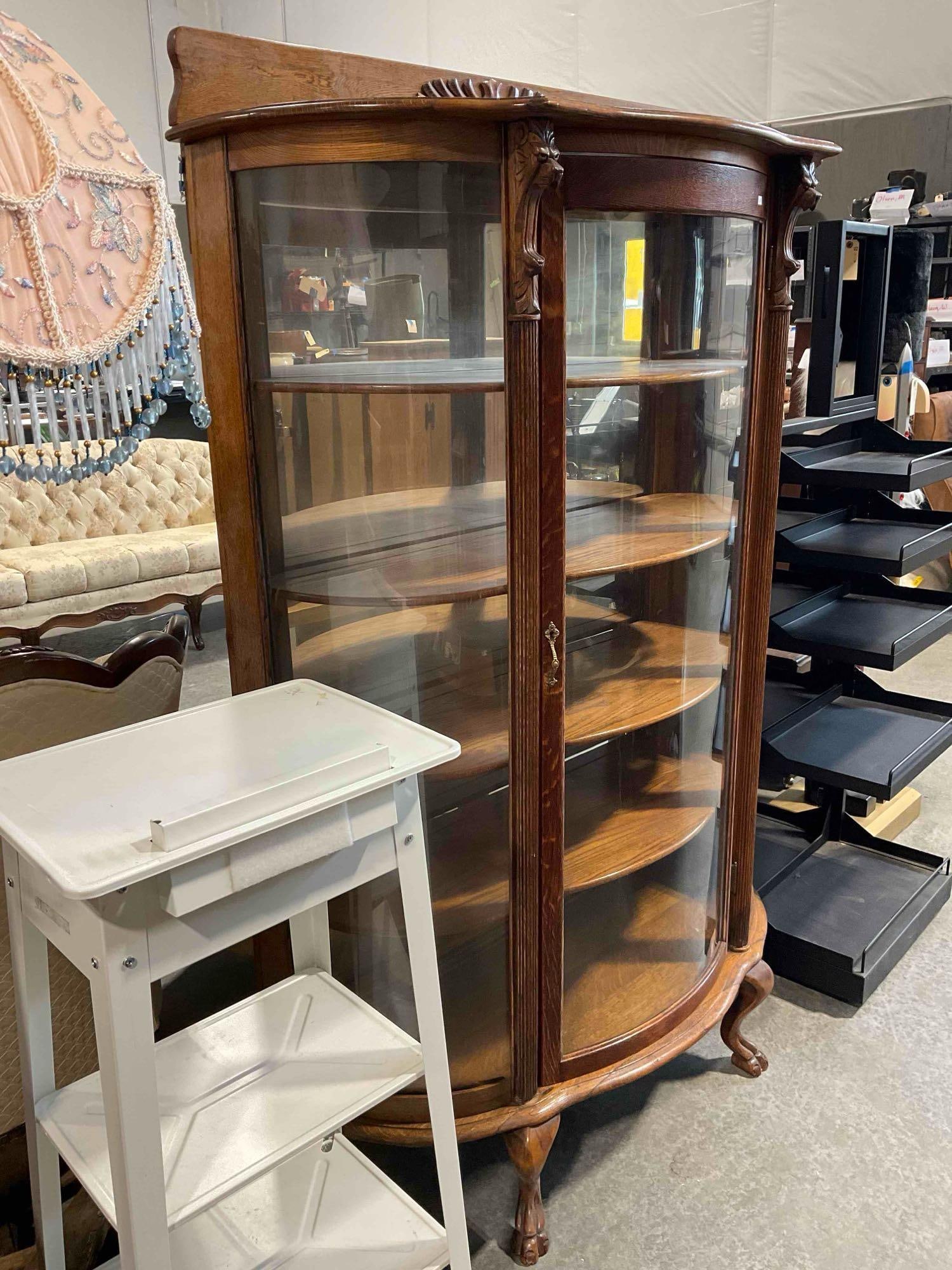 Antique Handsome Tiger Oak 4-Tier Curved Glass Curio Case w/ Lion Details. Good Condition. - 2