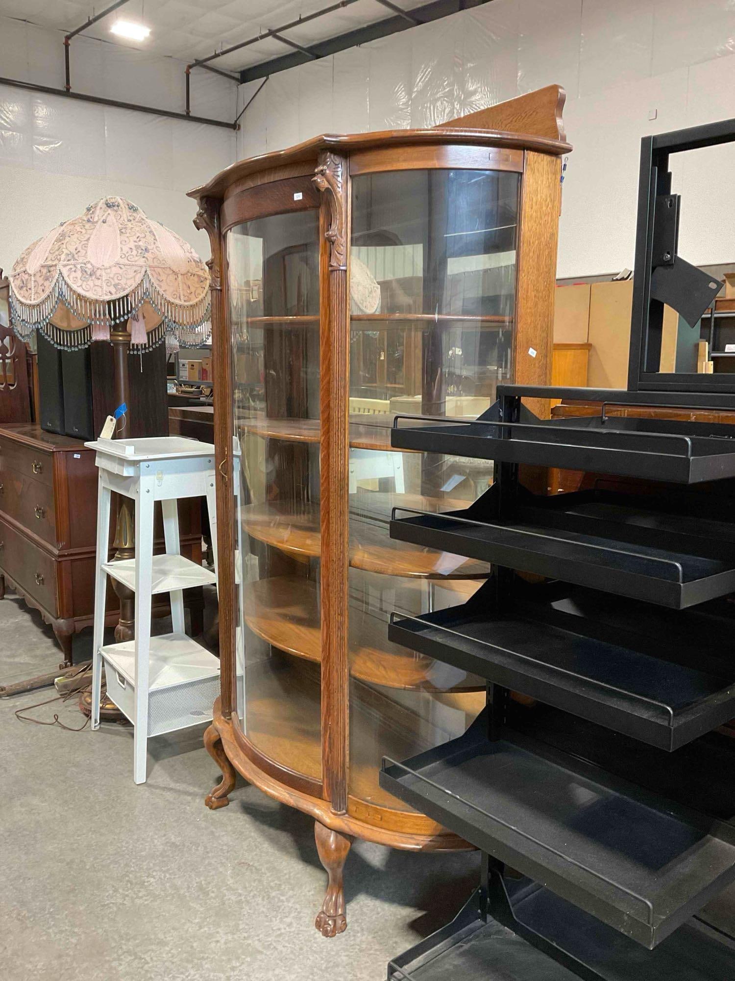 Antique Handsome Tiger Oak 4-Tier Curved Glass Curio Case w/ Lion Details. Good Condition. - 3