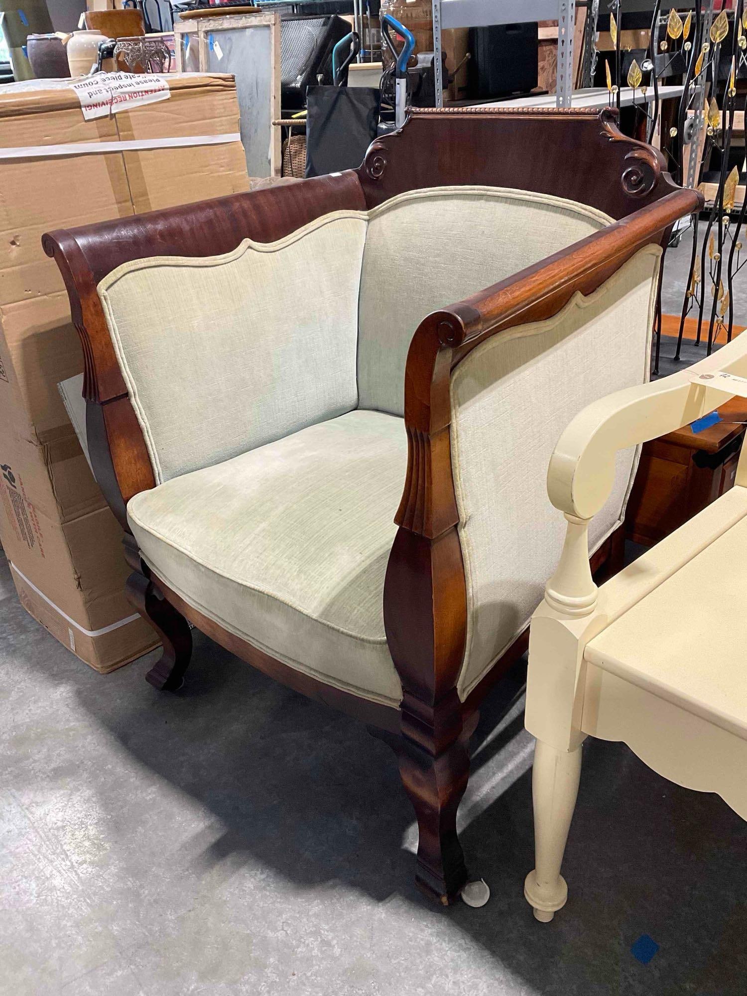 Antique French Empire Style Armchair w/ Carved Mahogany Accents & Sage Green Upholstery. - 2