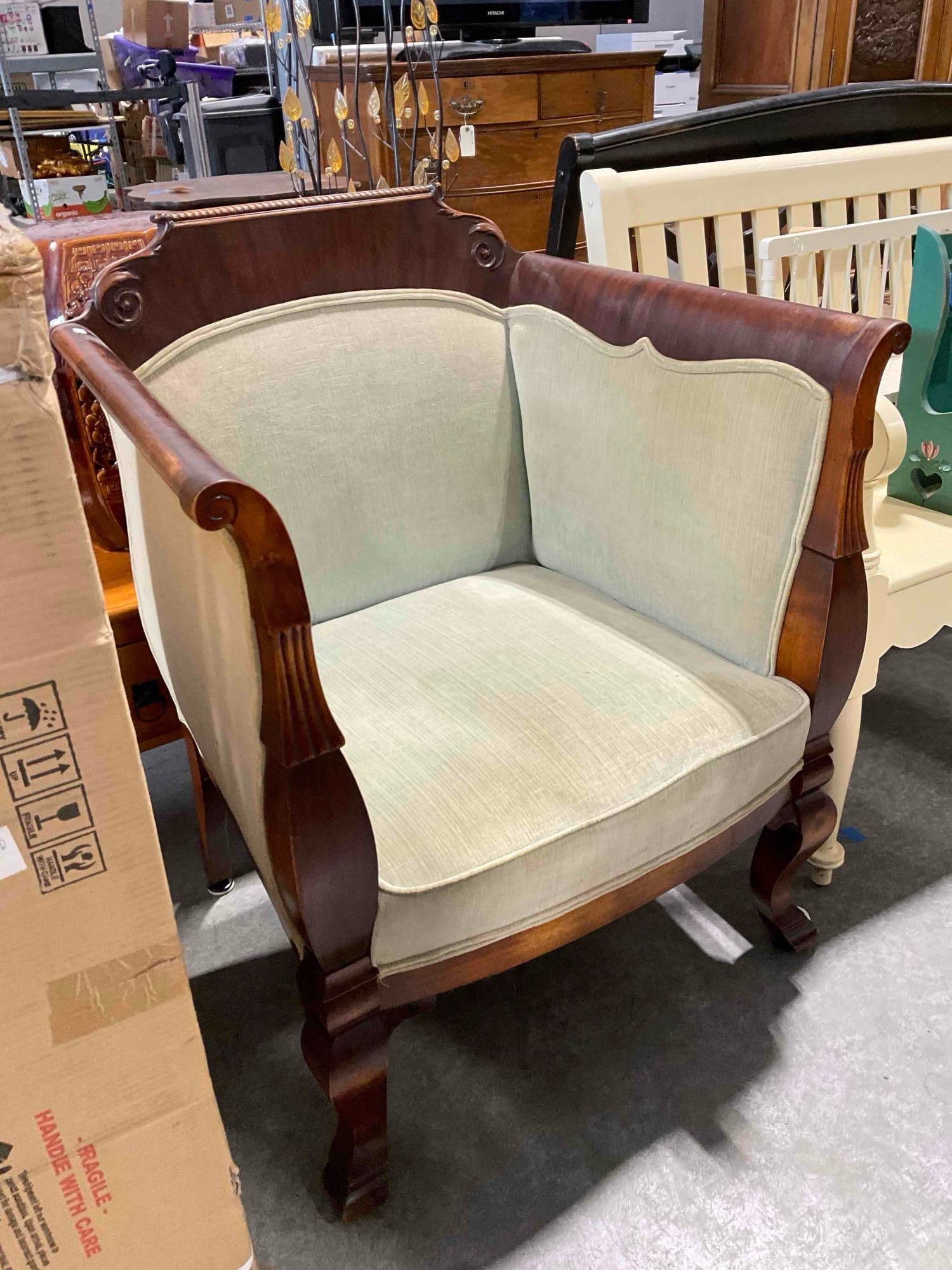 Antique French Empire Style Armchair w/ Carved Mahogany Accents & Sage Green Upholstery. - 3