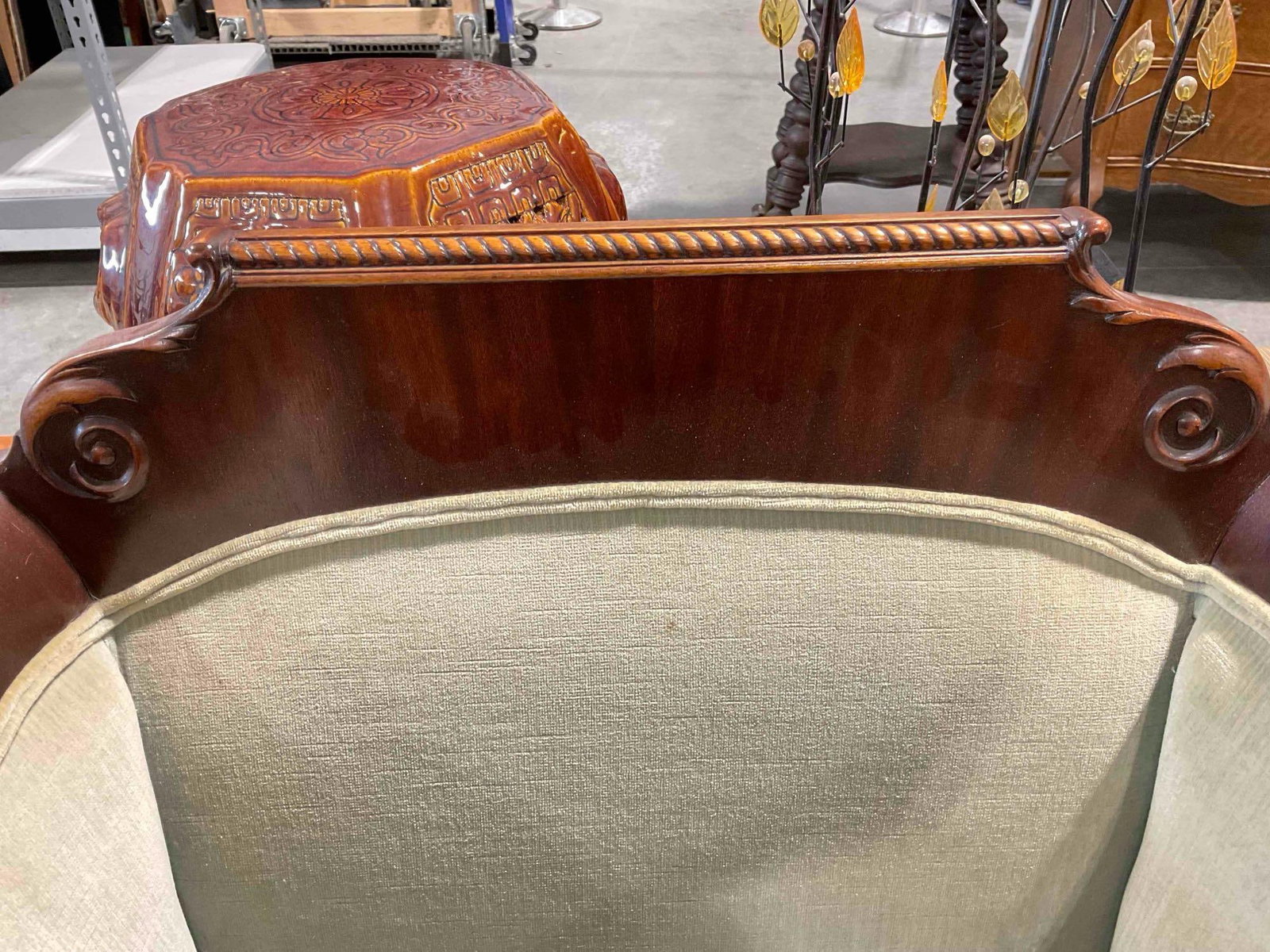 Antique French Empire Style Armchair w/ Carved Mahogany Accents & Sage Green Upholstery. - 4