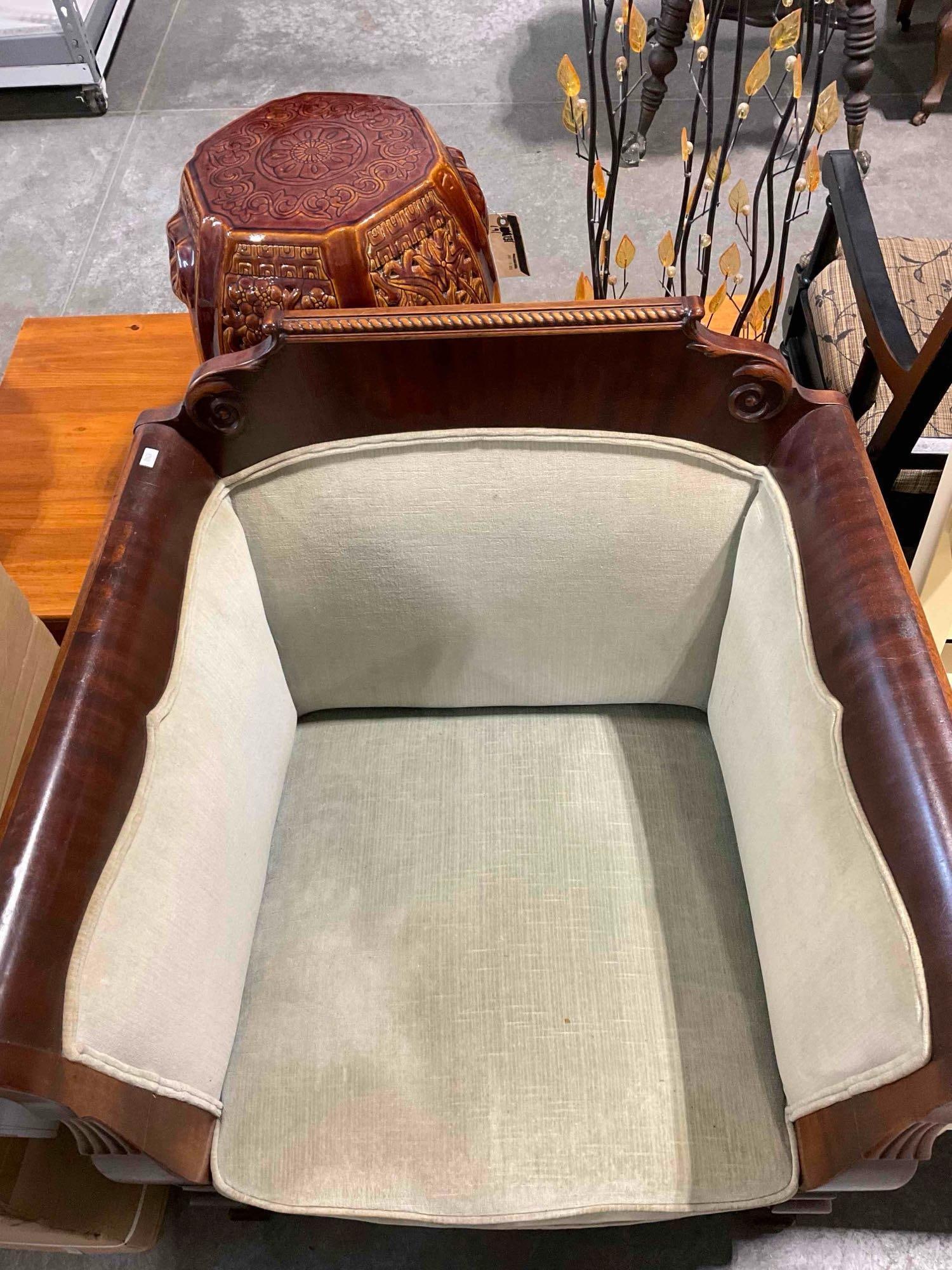 Antique French Empire Style Armchair w/ Carved Mahogany Accents & Sage Green Upholstery. - 5