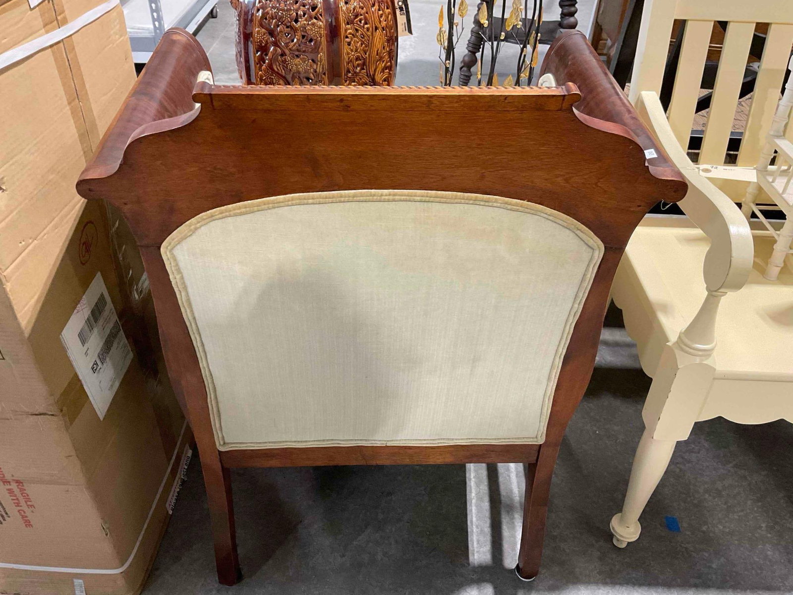 Antique French Empire Style Armchair w/ Carved Mahogany Accents & Sage Green Upholstery. - 6