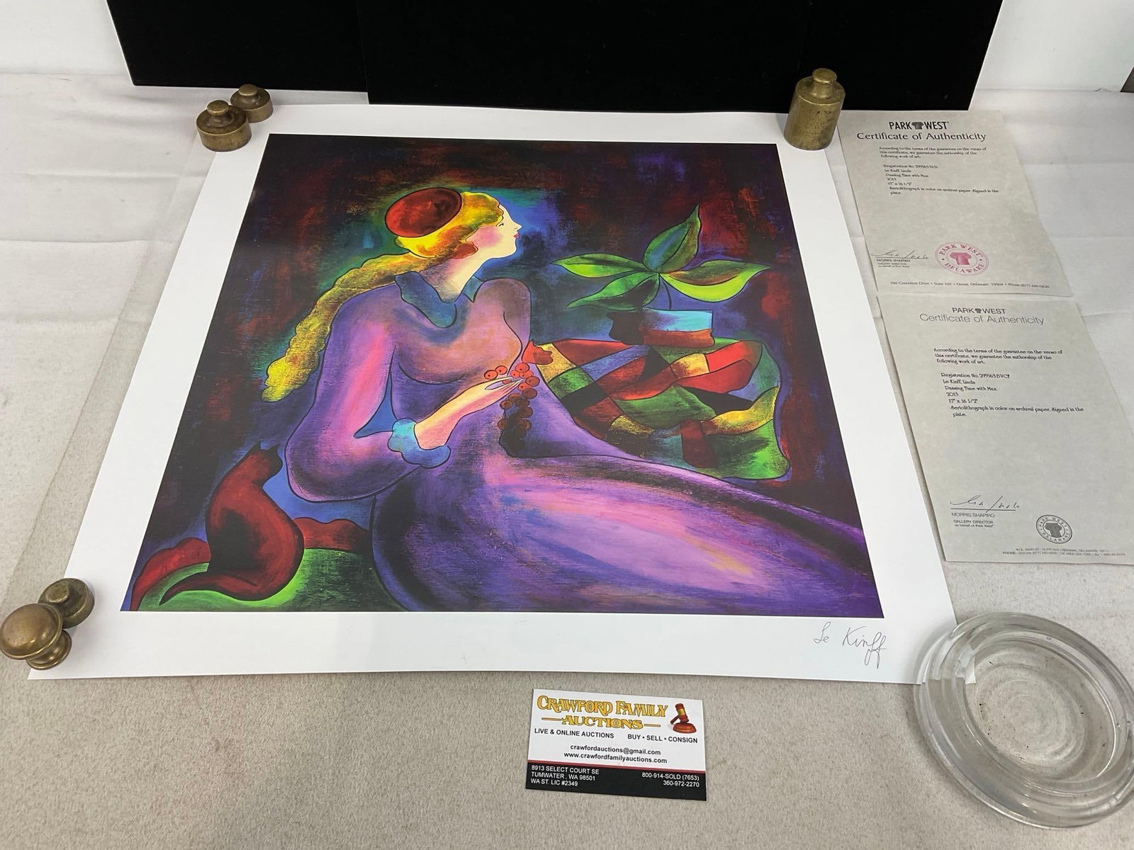 Unframed Seriolithograph titled Passing Time with Max, by Linda LeKinff 2013, w/COA, 20x20 inches: With Park West COA. see pic for that. Appears to be in good shape. The piece measures approx 21h x 3w x 3d inches when rolled. See pics. E-5980