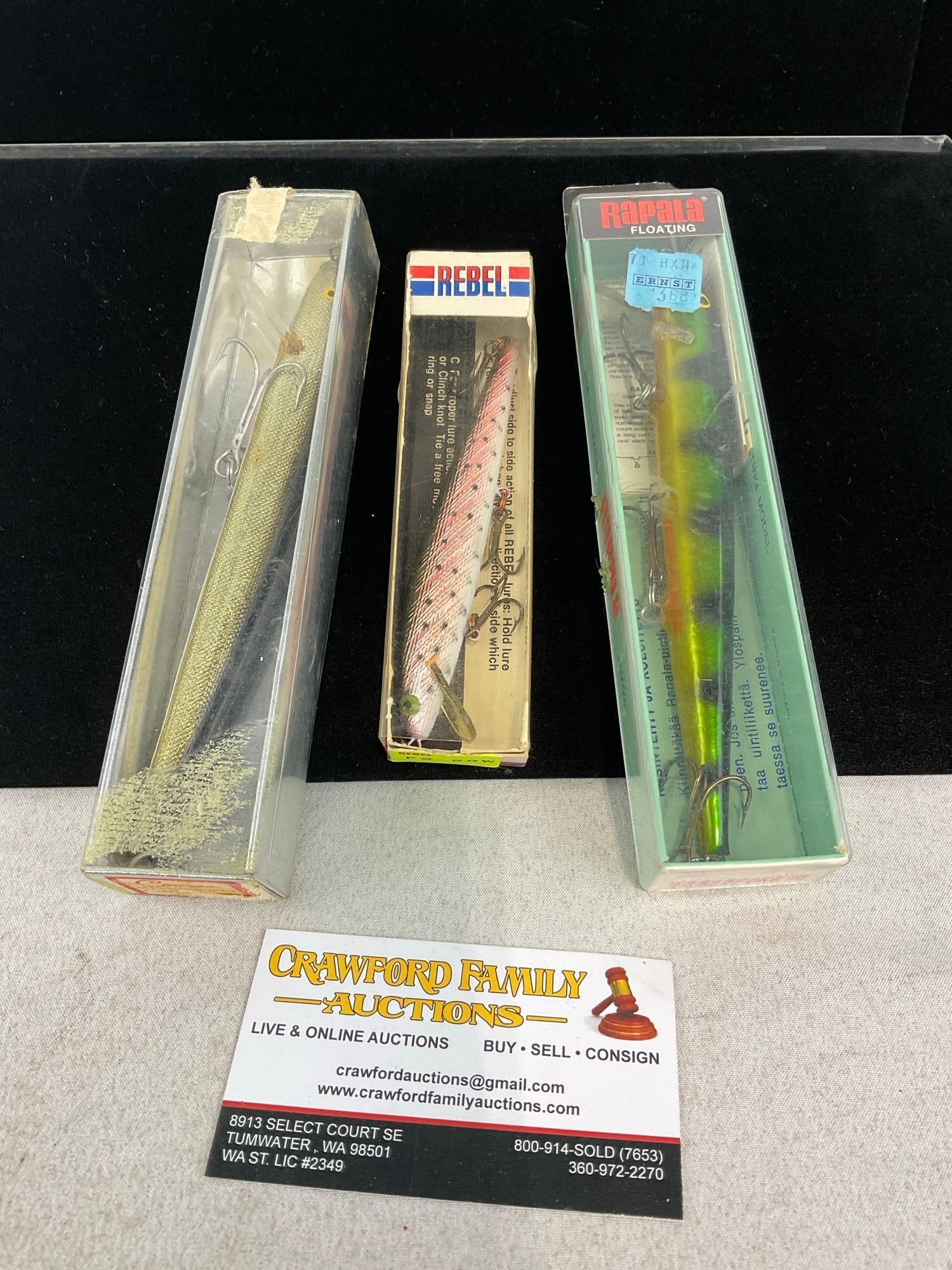 3x Long Floating Lures, 2x Rapala Original, 1 silver, 1 Perch pattern, & Rebel Fastrac FT2041 Min...