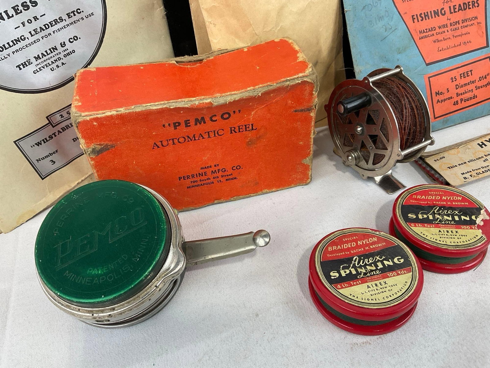 Pemco Automatic Reel w/box, Lead sinkers, Spinners in packaging, 2 spools of line, & more wire - 2