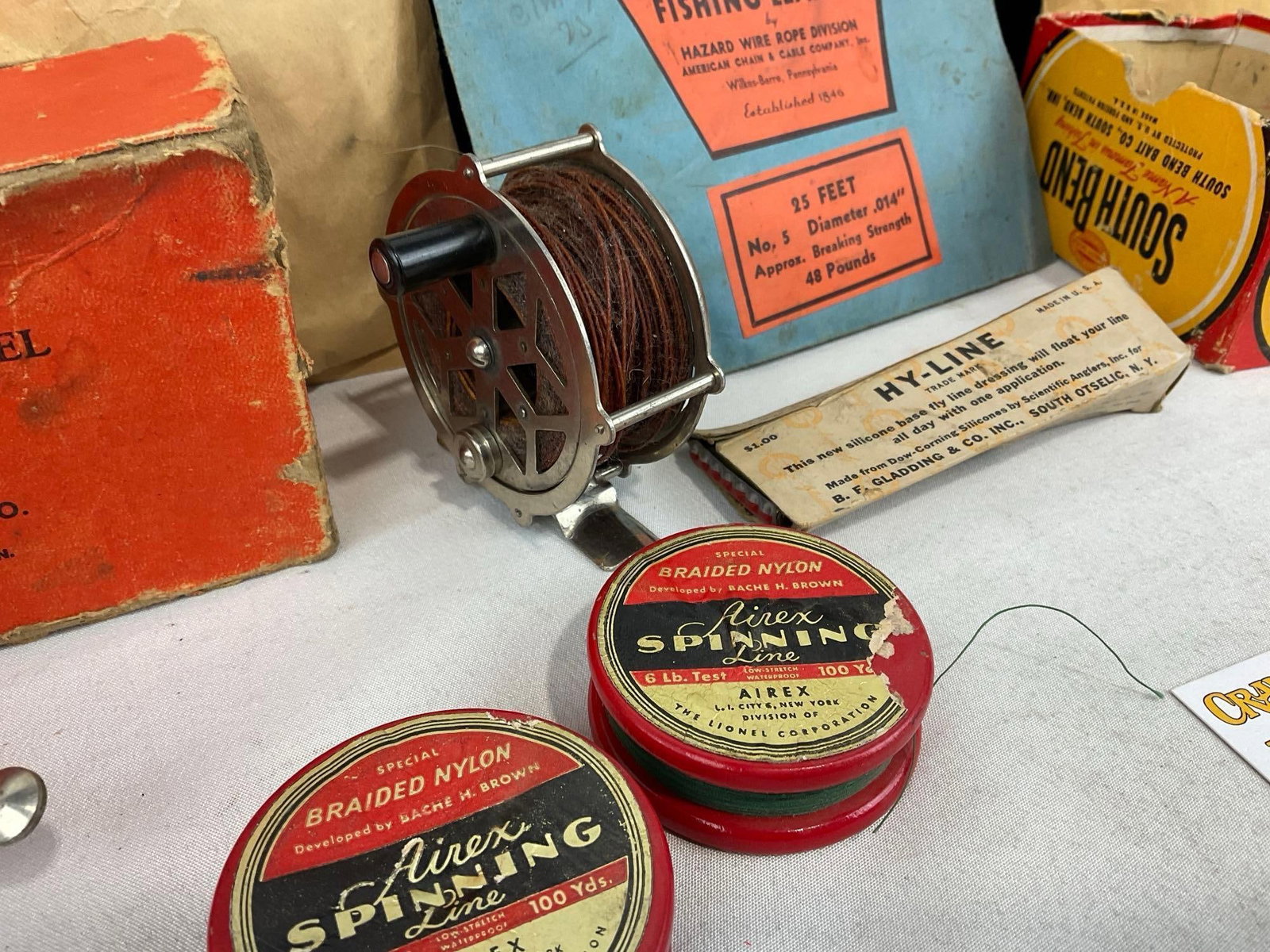Pemco Automatic Reel w/box, Lead sinkers, Spinners in packaging, 2 spools of line, & more wire - 3