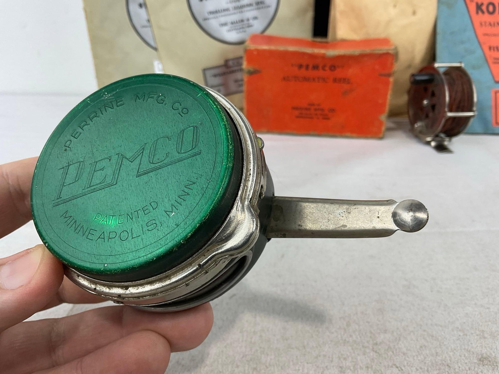 Pemco Automatic Reel w/box, Lead sinkers, Spinners in packaging, 2 spools of line, & more wire - 4