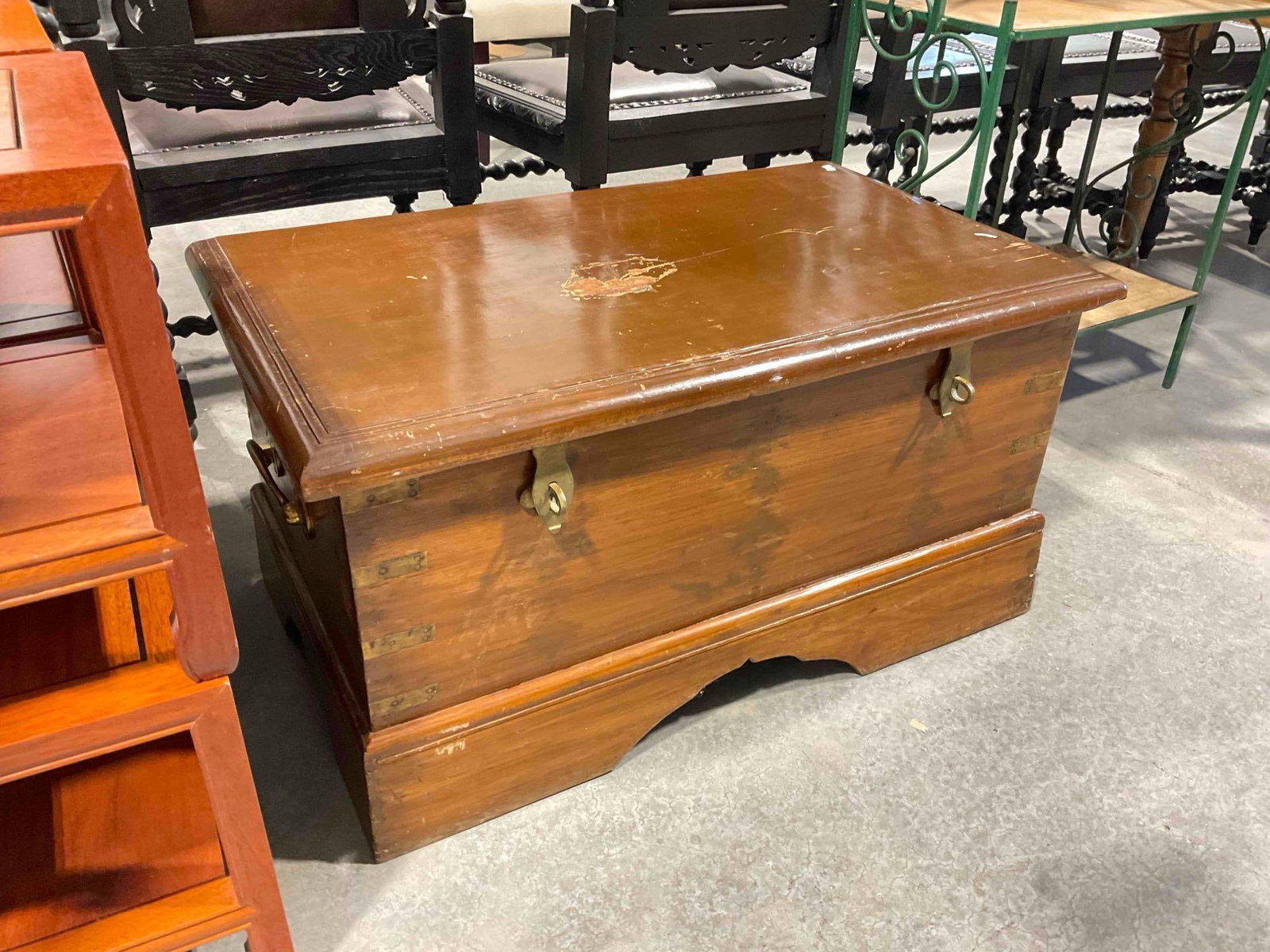 Vintage Wood Blanket Chest w/ Brass Details and Carved Inner Compartments. Fair Condition. - 2