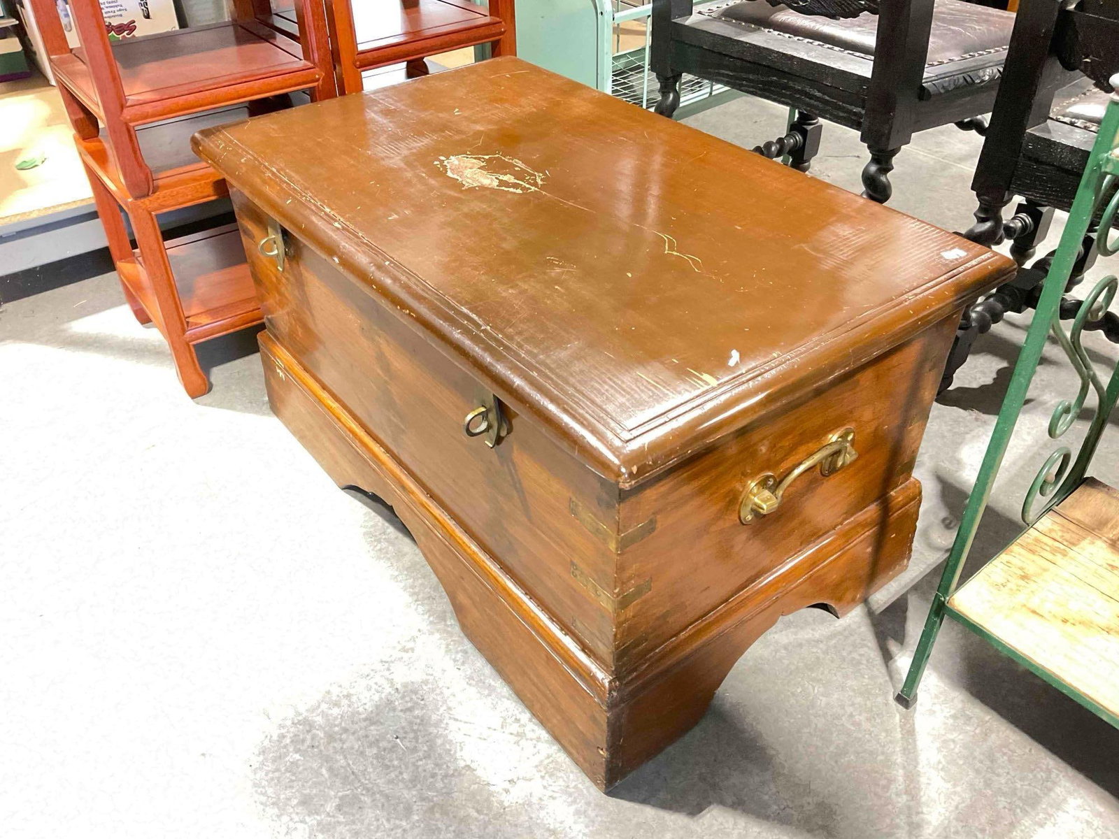 Vintage Wood Blanket Chest w/ Brass Details and Carved Inner Compartments. Fair Condition. - 3