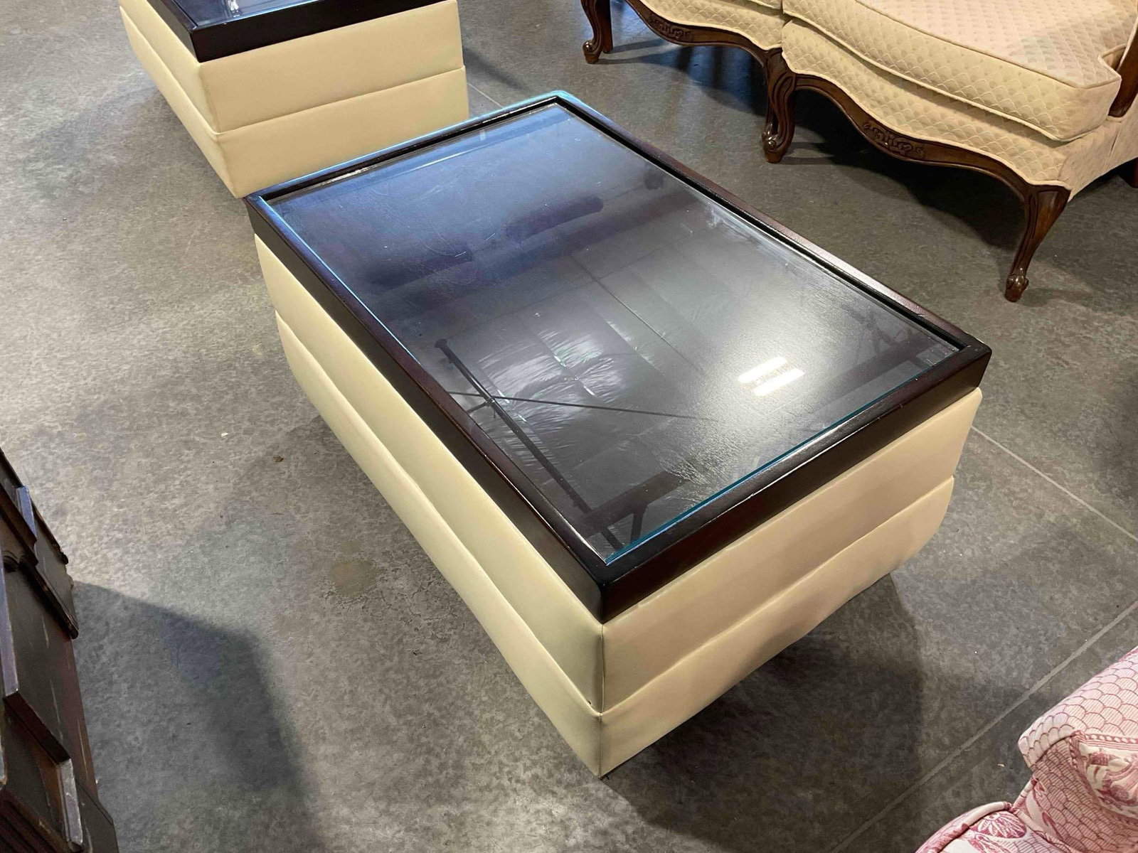 Modern Glass Topped Coffee Table w/ Wood & Cream Vinyl Base. Measures 35" x 23" x 17" See pics. - 5