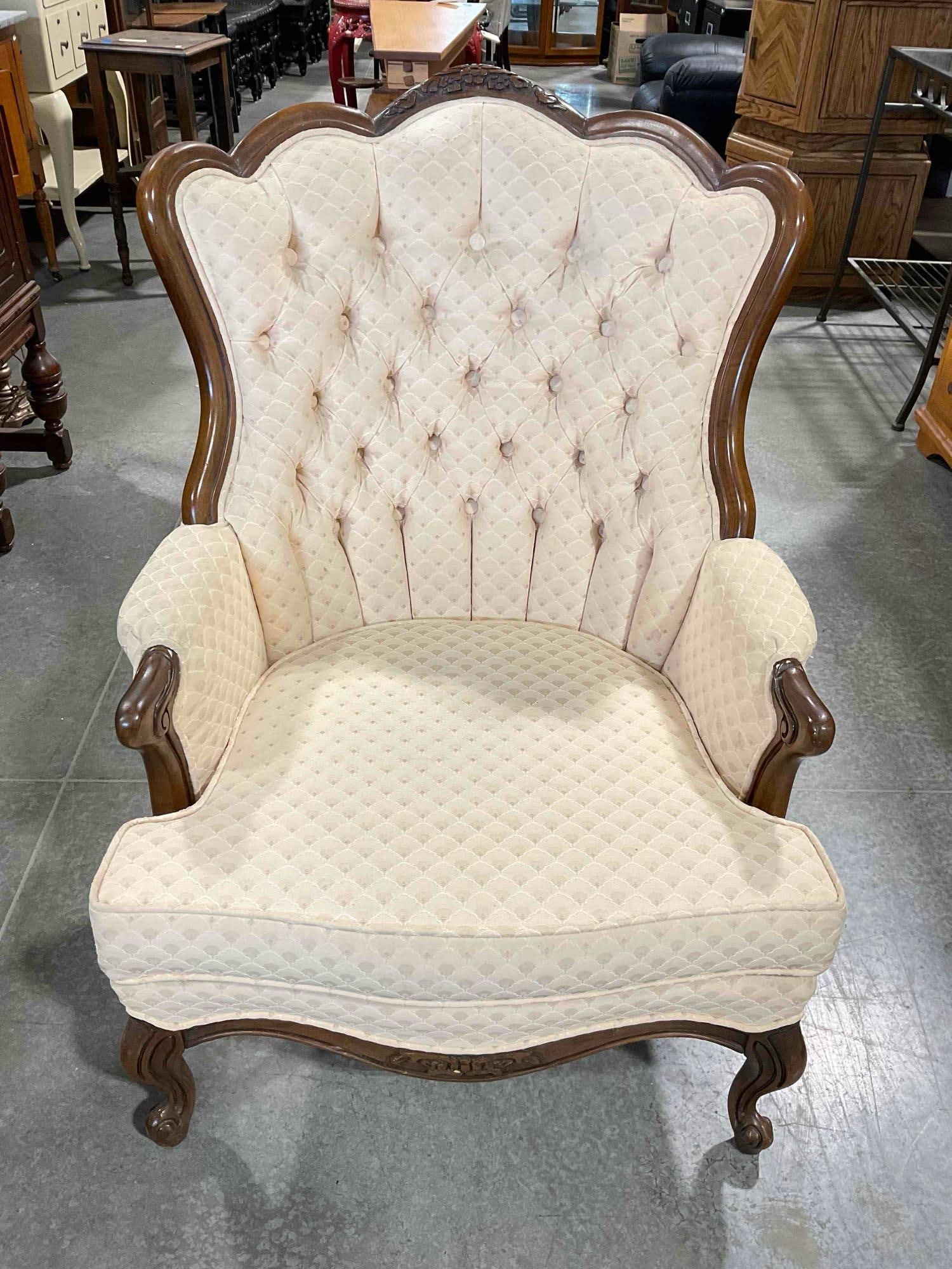 Vintage French Provincial Style Tufted Wingback Armchair w/ Pale Peach Scalloped Upholstery. (1 of 7)
