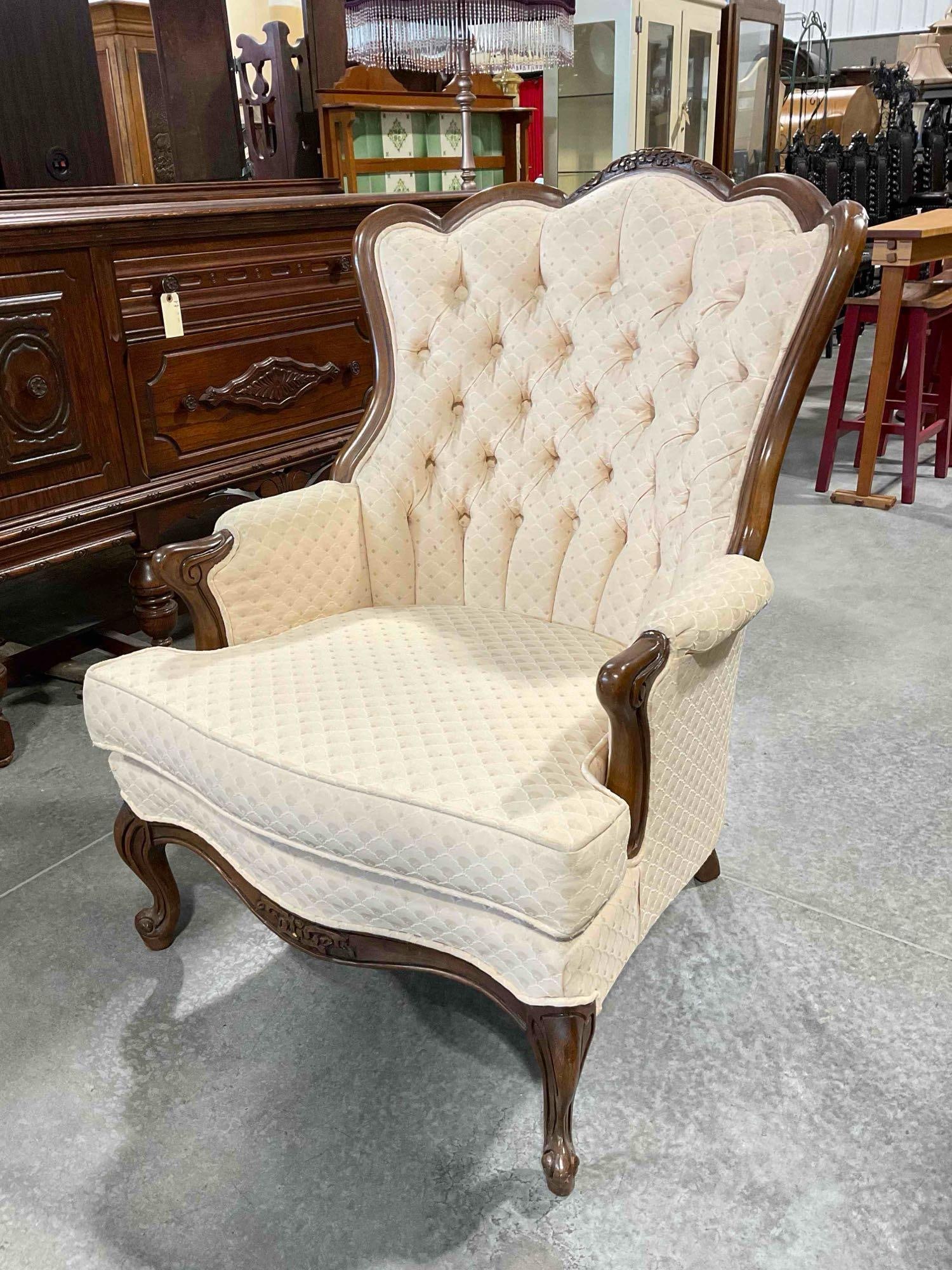Vintage French Provincial Style Tufted Wingback Armchair w/ Pale Peach Scalloped Upholstery. - 2